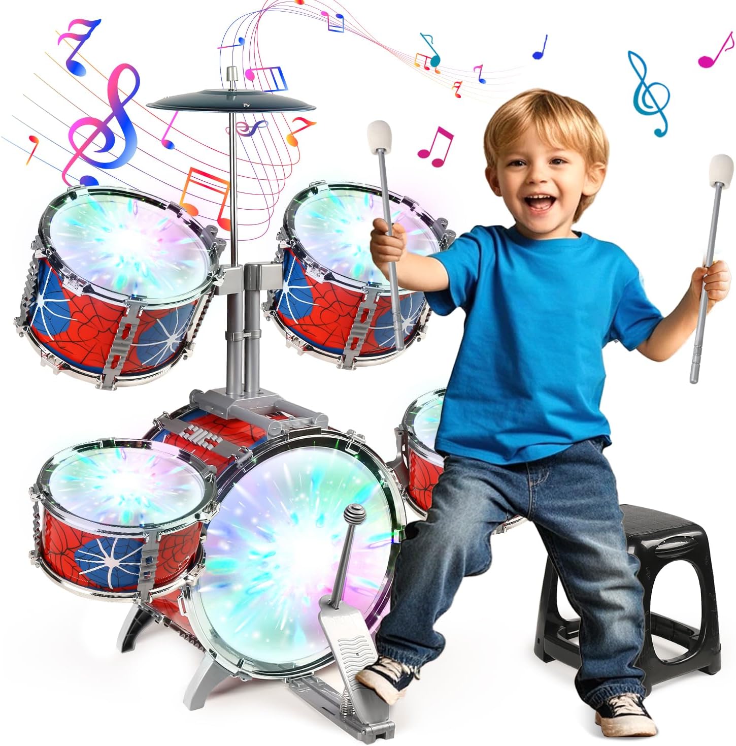 Kids Drum Set for Toddlers 1-3 with Lights & Pedal, Spider Toys Drum Set for Kids 2-5, Musical Instruments Toys for Toddler Boys Girls Aged 2-4| 5-7|4-6 Christmas Birthday Gifts(All Plastic)