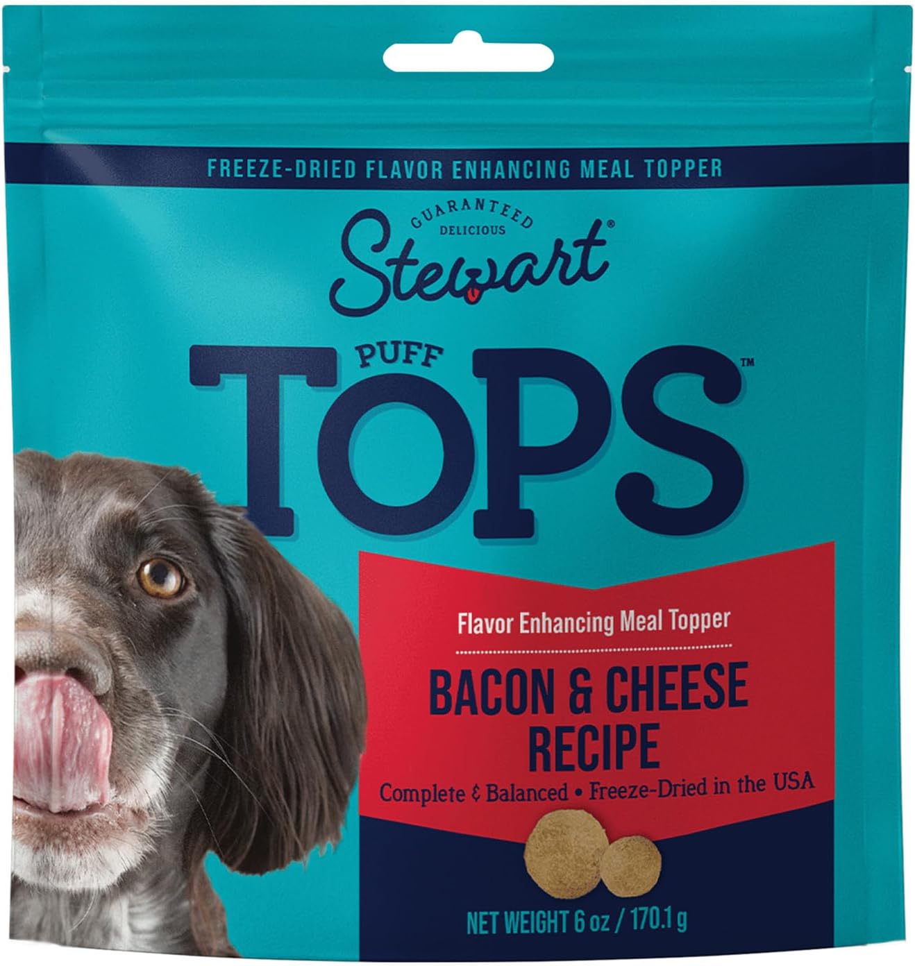 Stewart Freeze Dried Dog Food Topper, PuffTops, Bacon & Cheese, 6 Ounce Resealable Pouch, Flavor Enhancing Meal Topper or Dog Treat, Made in USA