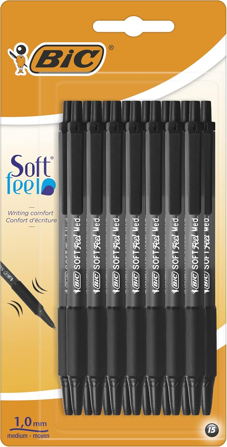 BIC Soft Feel Click Grip Ballpoint Pens, 1.0 mm Retractable Point, Soft-Touch Rubber Grip, Black, pack of 15