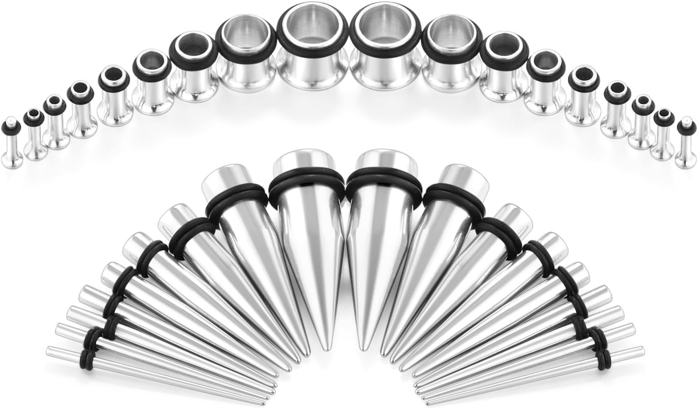 vcmart 14G-00G 36 pcs Ear Gauges Stretching Kit Tapers Plugs Eyelets Implant Grade Steel