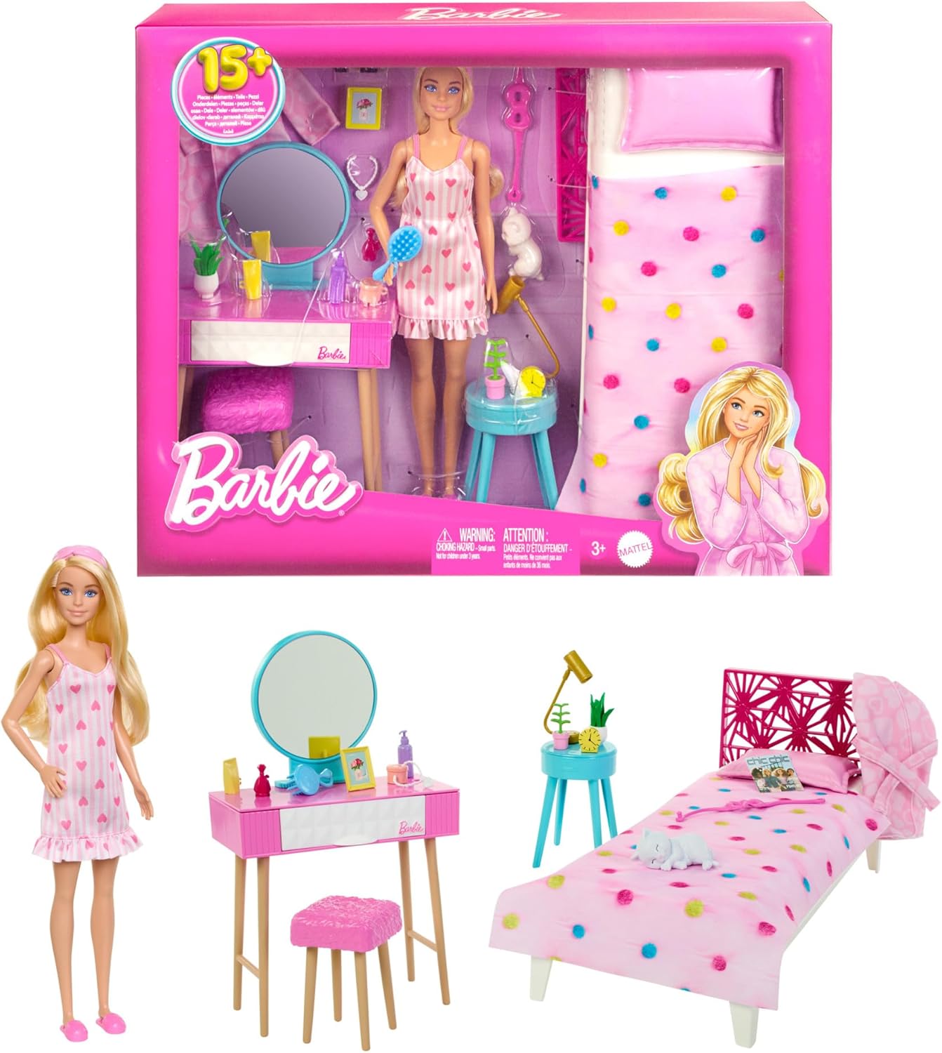 Barbie Doll and Bedroom Playset, Barbie Furniture and 20+ Storytelling Accessories Including Robe and Kitten, HPT55