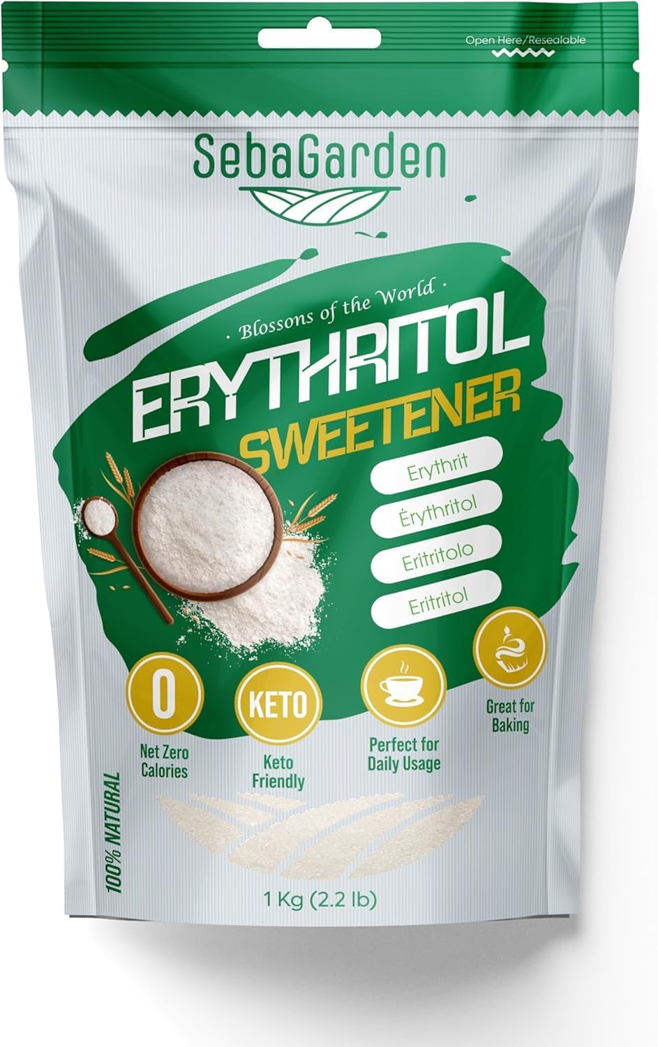 Seba Garden 100% Erythritol Sweetener 1kg (2.2 lb), Natural Granulated Zero Calori Sugar Replacement, Keto Friendly Non GMO