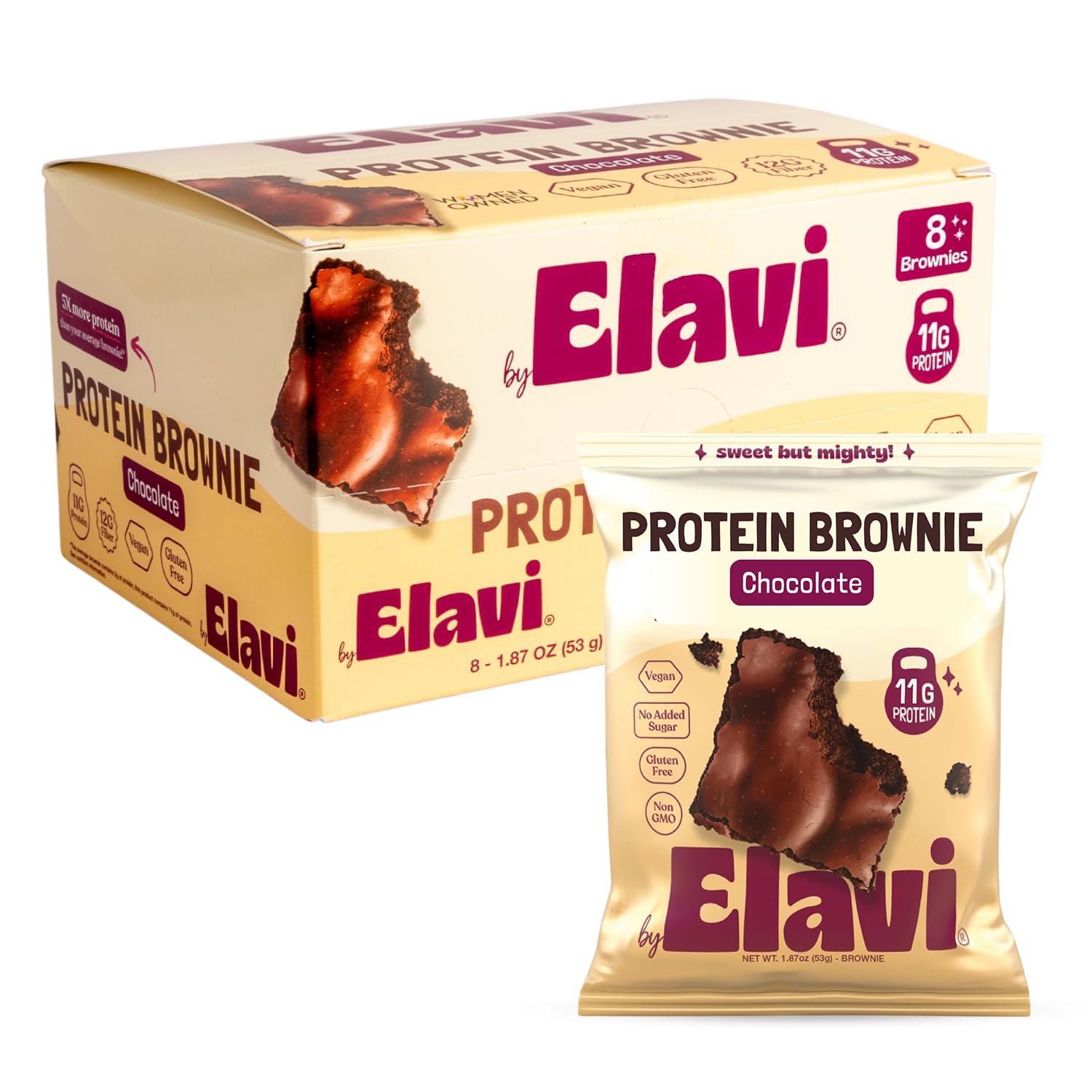 Elavi Protein Brownie, 11g Protein, Non-Dairy, Vegan & Gluten Free, Delicious Guilt-Free Snack | No Artificial Flavors, No Added Sugar, No Sugar Alcohols, High in Fiber, Chocolate Fudge (8 pack)