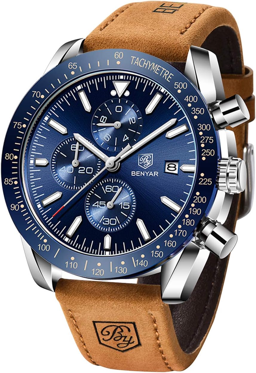 BENYAR Men's Watch Quartz Sports Chronograph Fashion Business Luxury Brand Waterproof Watch Analog Date Men's Brown Leather Watch for Men ((Brown Silver Blue)