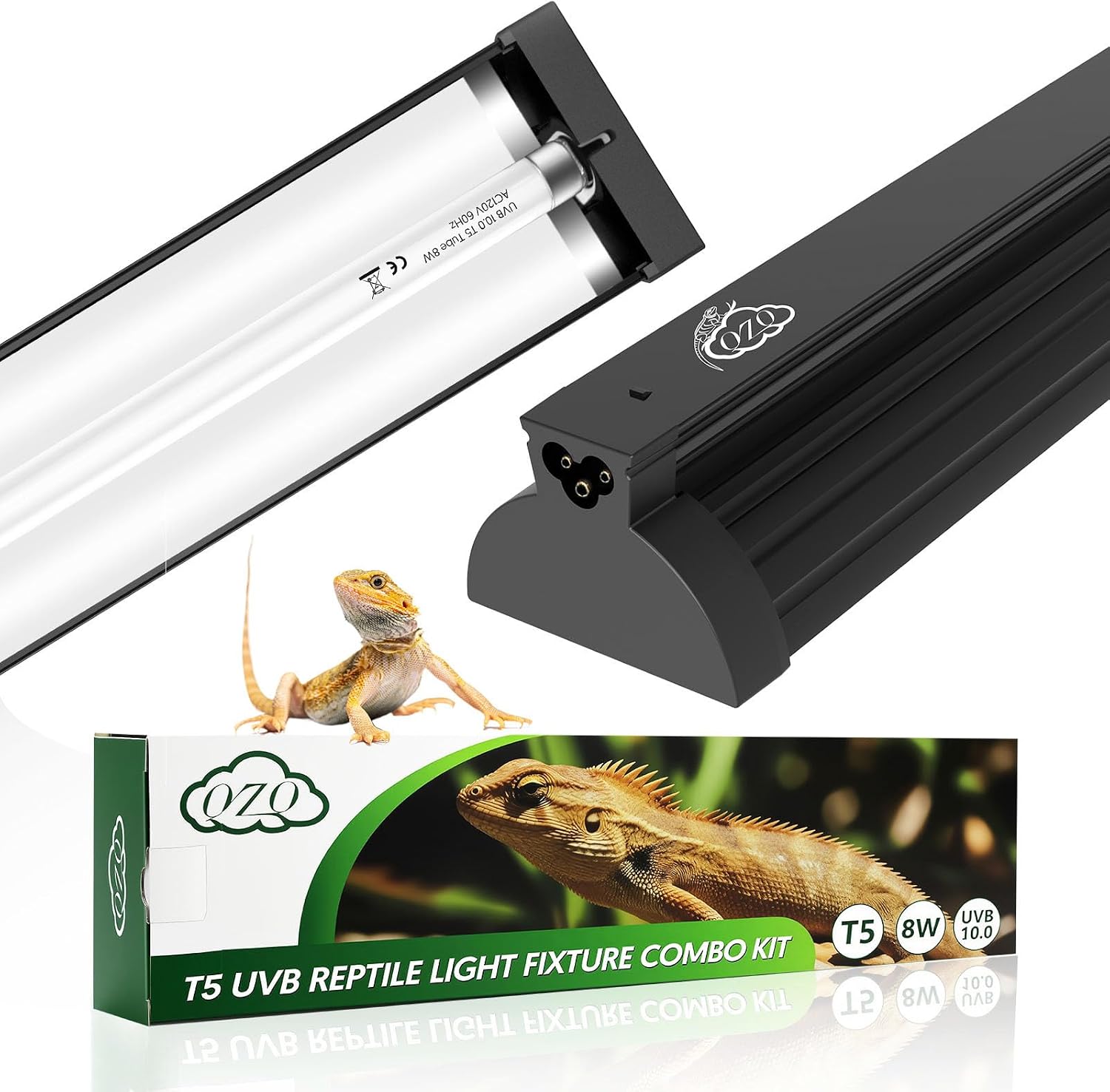 QZQ T5 UVB Reptile Light Fixture Combo Kit 8W, 10.0 UVB Light for Reptiles, Terrarium Hood Comes with Desert Reptile Lamp for Bearded Dragon, Gecko, Tortoise, Lizard