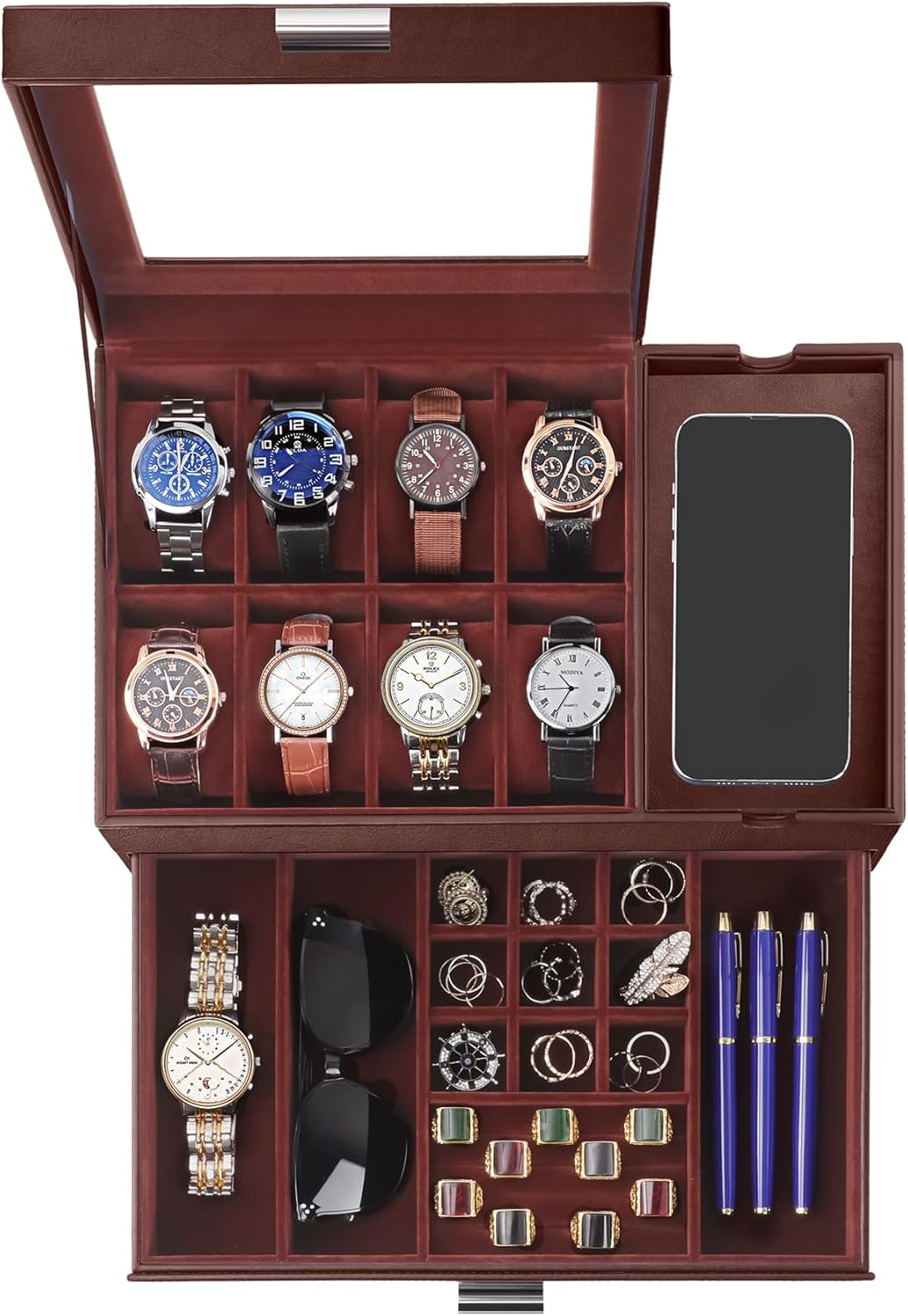 Dajasan Watch Box, Watch Case with Glass Lid, 8 Slot Watch Display Case, Large Watch Holder Organizer, Watch Storage Case for Men Women Boys Husband Dad, Gift Idea, PU Leather (Brown)