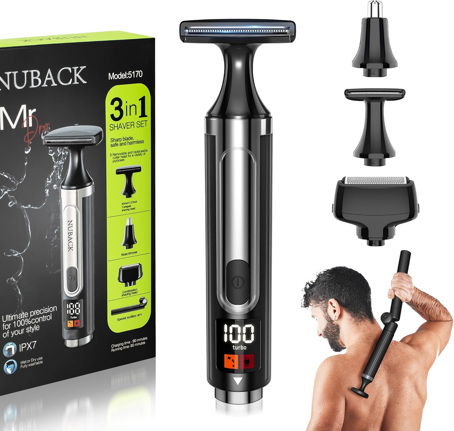 Electric Back Shaver for Men, 3 in 1 Mens Back Shaver, Cordless Back Hair Trimmer for Men with Extendable Long Handle, Self-Service Body Groomer Razor with Wider Blade（Deep Black
