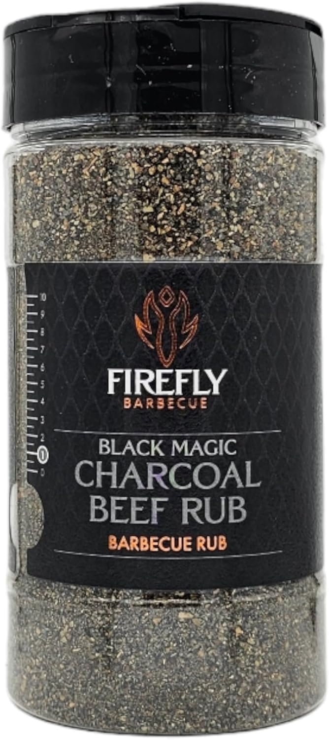 Firefly Barbecue Black Magic Charcoal BBQ Beef Rub with Activated Charcoal - Seasoning for Steaks, Brisket & All Meats - Smoky Blend for Bark Formation - Grilling Spice Mix, 300ml