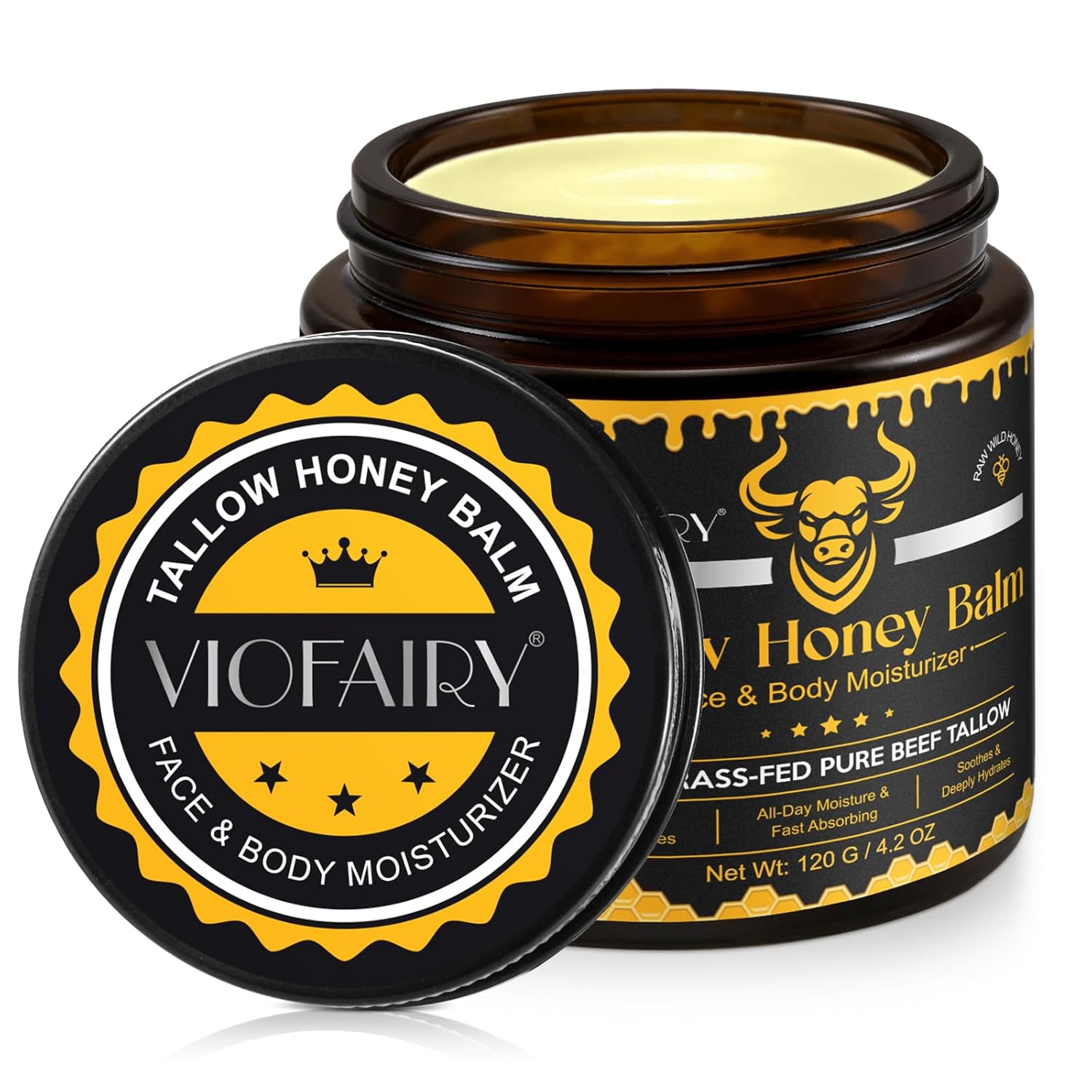 Beef Tallow for Skin, Tallow and Honey Balm for Face - 100% Organic Grass-Fed Beef Tallow & Raw Wild Honey - Moisturizing Cream for Soft, Smooth Skin- Light Scent, Moisturizing Natural Formula, 4.2 Oz