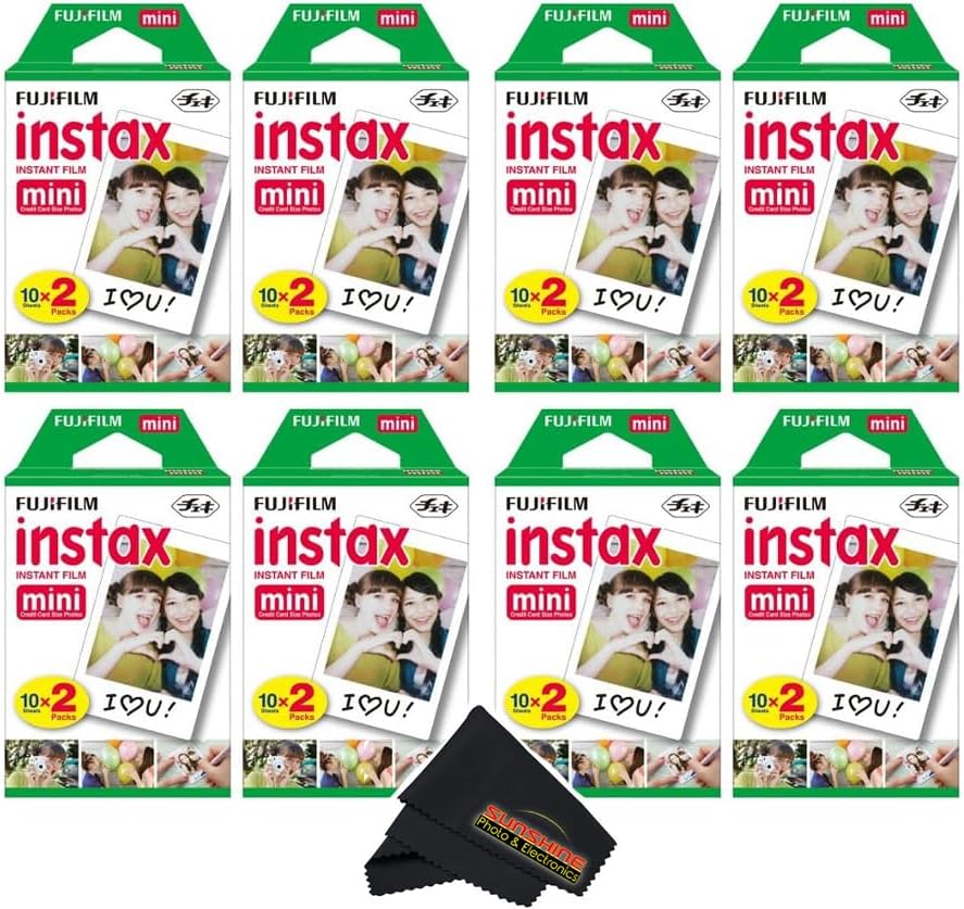 Fujifilm Instax Mini Instant Camera Film for Mini Instant Cameras - Capture Memories Anytime, Anywhere with Sunshine Photo Microfiber Cleaning Cloth... (8 Pack (160 Sheets Total))