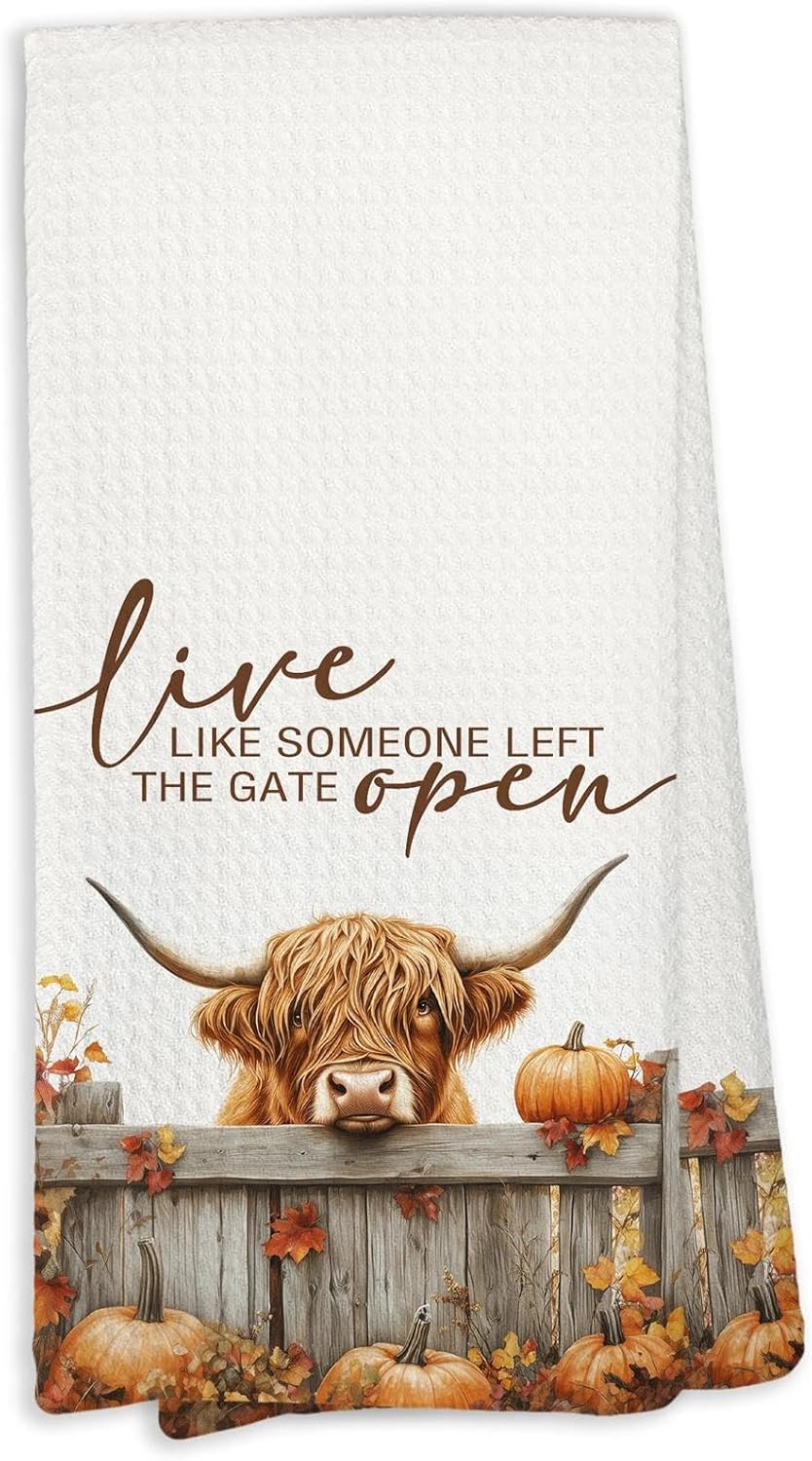 Fall Highland Cow Kitchen Decor Towels,Fall Decortions for Home, Live Like Someone Left The Gate Open Highland Cow Dish Towels for Kitchen, Western Farmhouse Animals Decorative Hand Towels