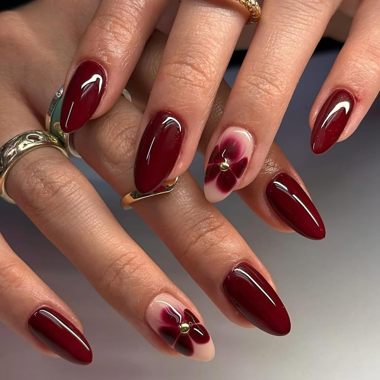 Almond False Nails Medium Burgundy - Wine Red Oval Press On Nails With Flower Rhinestone - Glossy Removable Fake Nails Tips - Full Cover Acrylic Stick On Nail For Women Nail Art Accessories