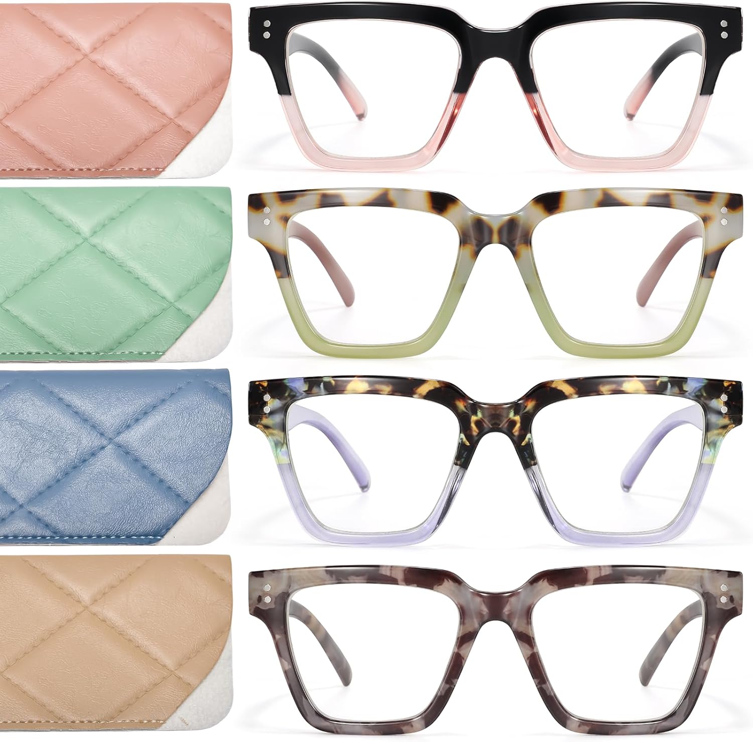 Reading Glasses for Women, 4 pack Fashion Oversized Oprah Readers Women, Spring Hinge Square Glasses Anti Eyestrain