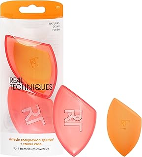 Real Techniques Miracle Complexion Sponge + Travel Case, Makeup Blending Sponge, For Foundation, Sponge Case for Travel, Light To Medium Coverage, Natural, Dewy Makeup, Latex-Free Foam, 2 Piece Set