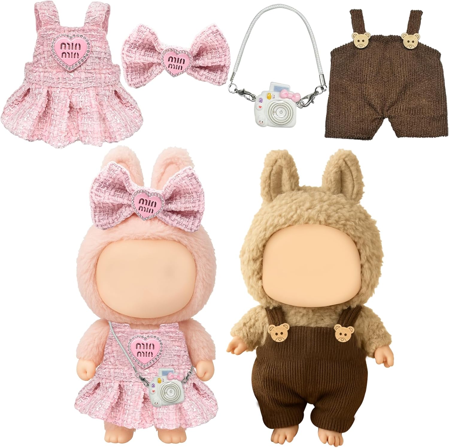 Doll Clothes Set for 17cm Plush Dolls – Tweed Dress, Bow & Mini Bag – Doll Outfit Doll Accessories Gifts – Fits Bunny Plush Toys – For Girls & Boys (Pink+Brown)