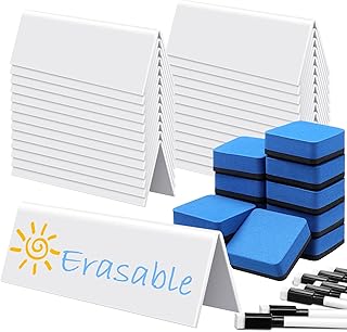 Seajan 36 Sets Reusable Name Tent Cards with Black Dry Erase Markers and Eraser Dry Erase Name Tents for Meetings White Name Plate for Weddings Classroom Office, 8.66 x 1.97 x 2.76 Inch