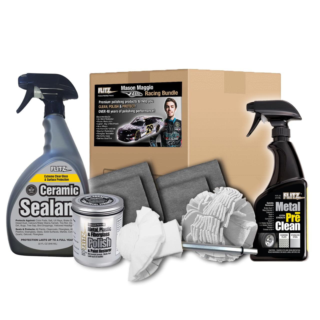 FLITZ Mason Maggio Racing Bundle - USA-Made Car Cleaning Kit - Includes 1lb Polish, 32oz Sealant, 16oz Metal Pre-Clean, 2 Buff Balls, & 4 Microfiber Cloths - Professional Car Detailing Kit to Restore