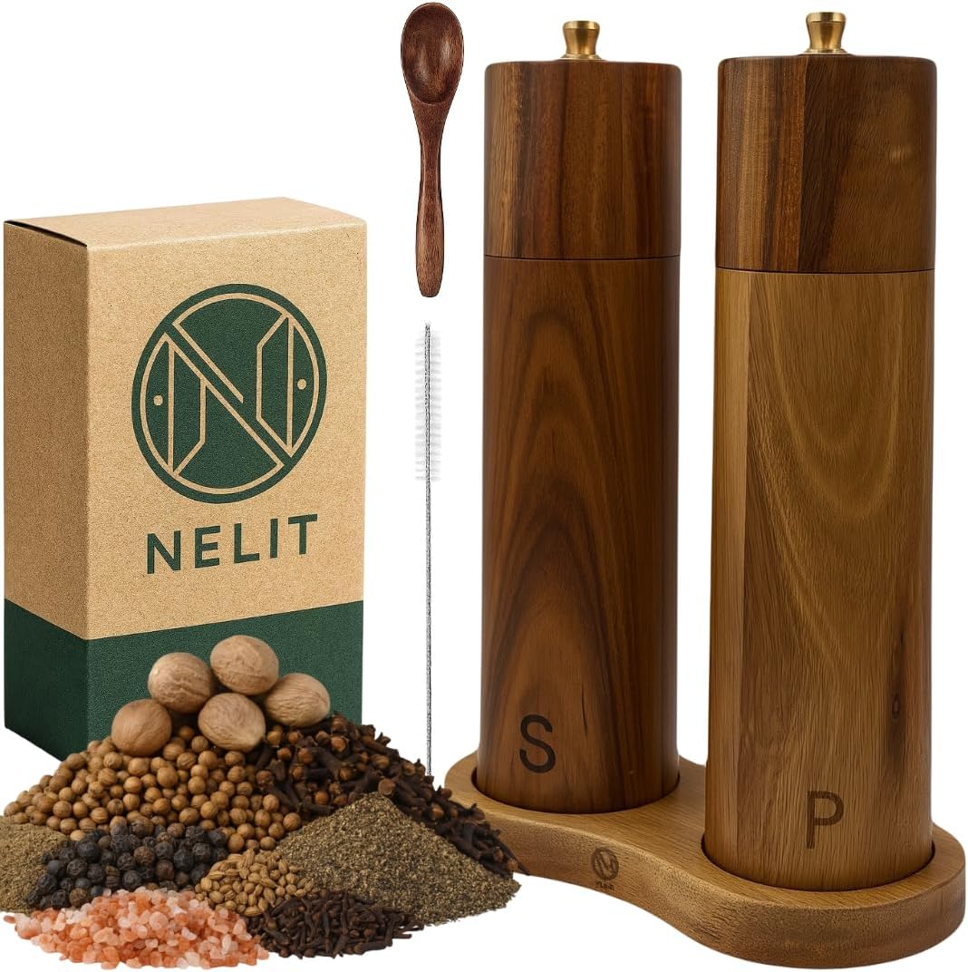 Wooden Salt and Pepper Grinder Set: 8 Inch Refillable Acacia Salt & Pepper Mills with Adjustable Ceramic Grinder, Manual Spice Grinder for Customized Coarseness, Gift for Father's Day