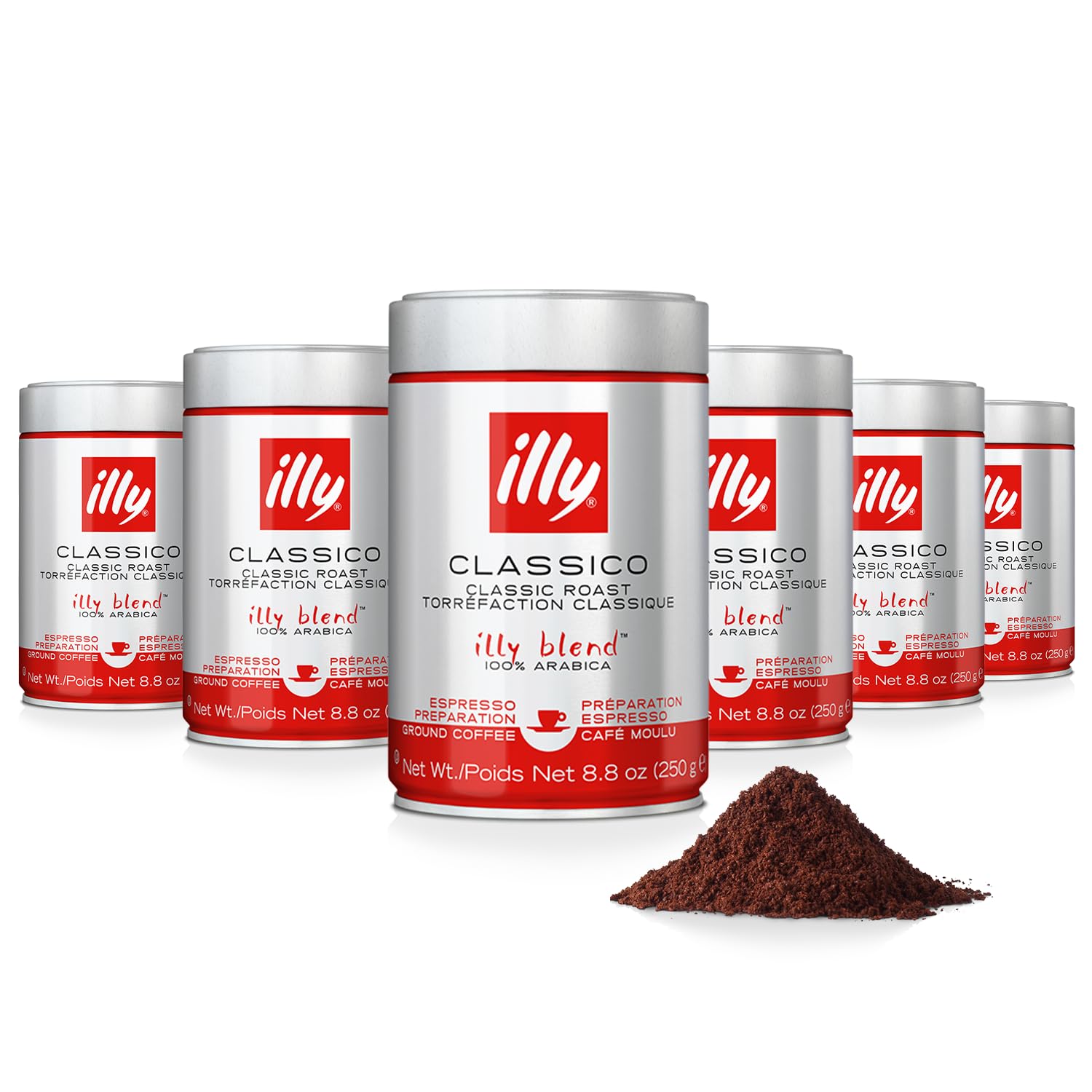 Illy Ground Espresso Coffee, Classico Medium Roast - Mild & Balanced - 100% Arabica - Pre-Ground for Espresso - Pressurized Packaging Sealed for Freshness -8.8oz (Pack of 4)