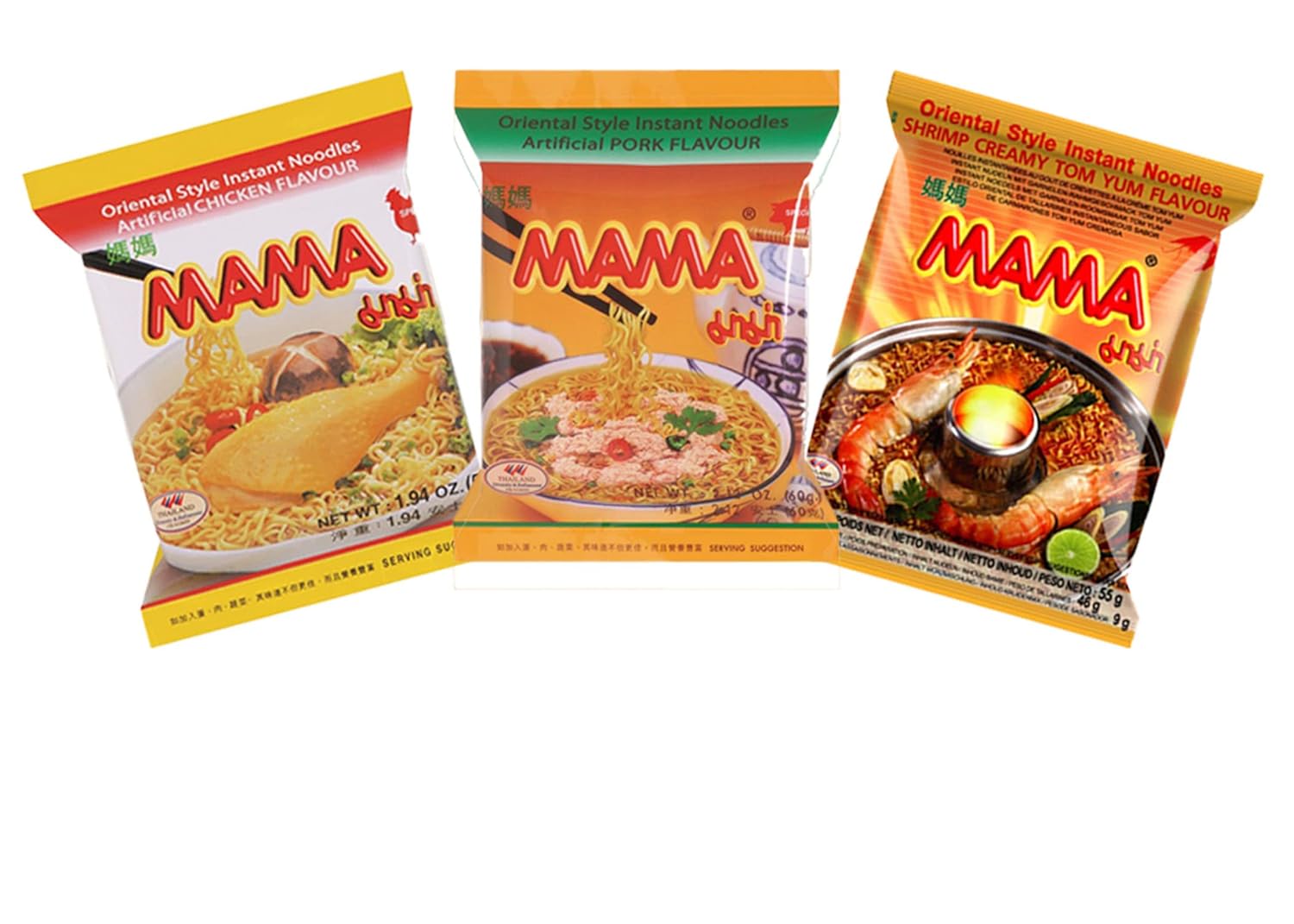 MAMA Ramen Style Instant Oriental Noodles Variety 30 Pack, Chicken, Pork, Creamy Shrimp