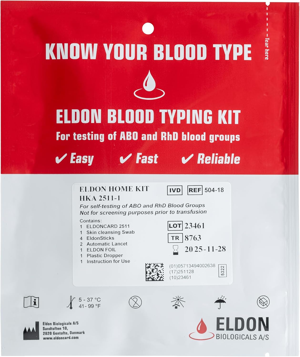 Eldoncard Blood Typing Kit, 1 Test Pack, Know Your Blood Type, Accurate Instant Home Testing, Determine A, O, B, RHS-D Negative & Positive Groups
