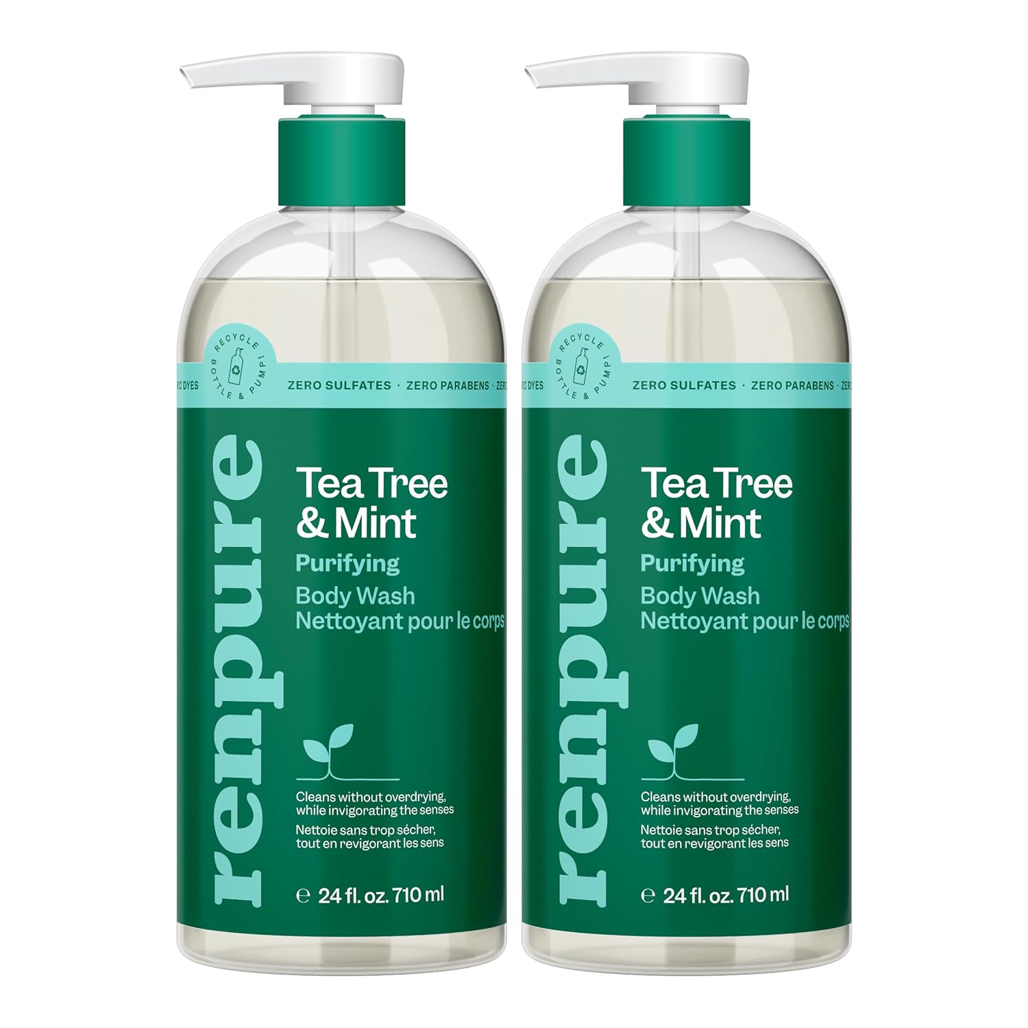 RENPURE Tea Tree & Mint Body Wash - Cleanses, Invigorates & Refreshes Skin Without Over-Drying - For All Skin Types - Tea Tree Leaf Oil, Spearmint Leaf Oil - 24 Fl Oz each, 2 Pack
