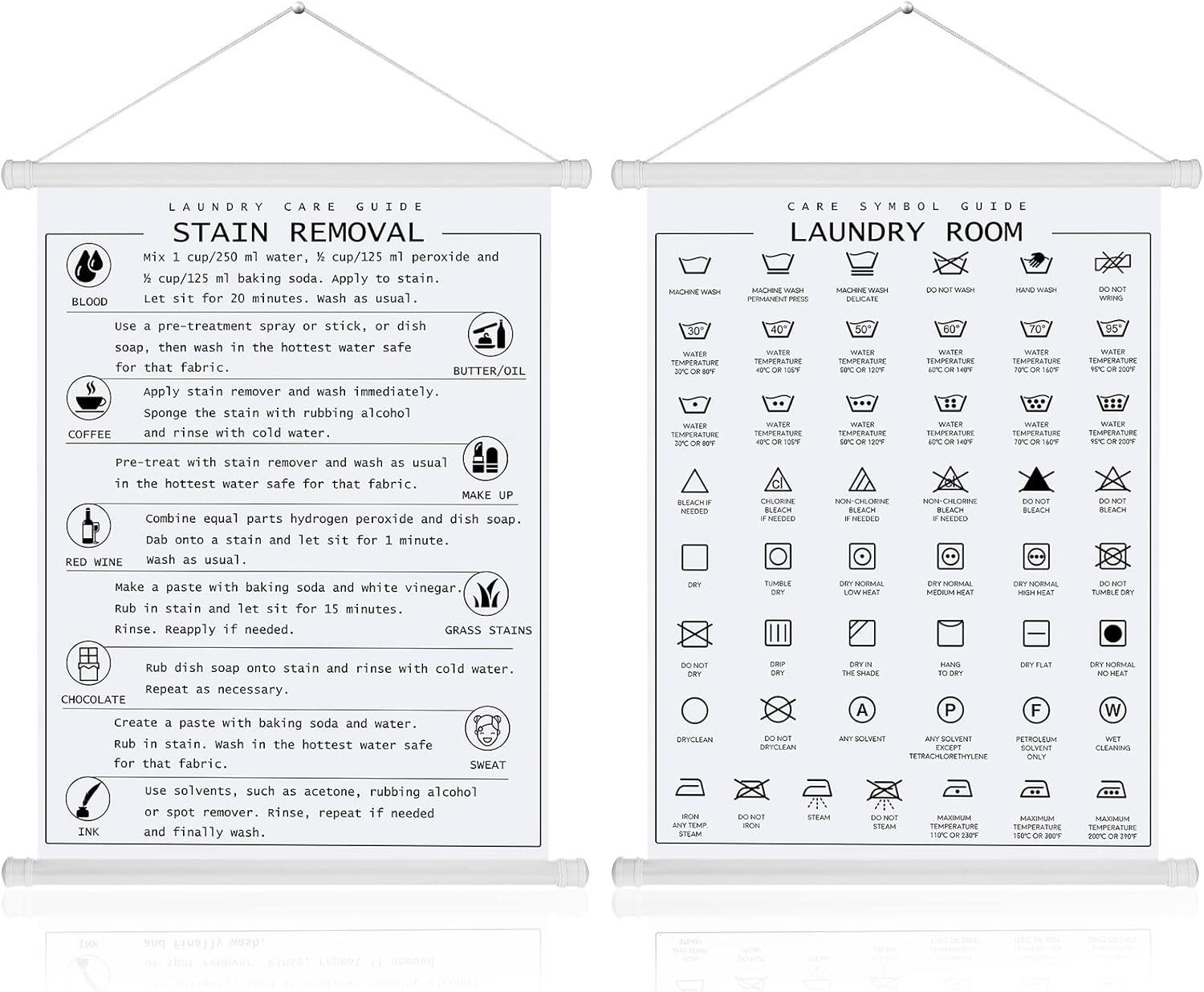 Gersoniel 2 Pieces Laundry Room Decor Laundry Symbols Wall Art Washing Room Hanging Symbols Decoration Stain Removal Theme Sign Clothes Care Room Art Ready to Hang Plaque, 11.8 x 15.7 Inches(White)