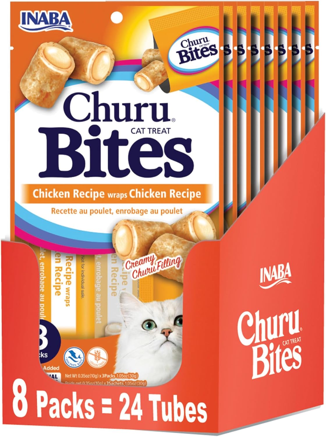 Inaba Churu Bites for Cats, Grain-Free, Soft/Chewy Baked Chicken Wrapped Churu Filled Cat Treats with Vitamin E, 1.05 (Pack of 8)