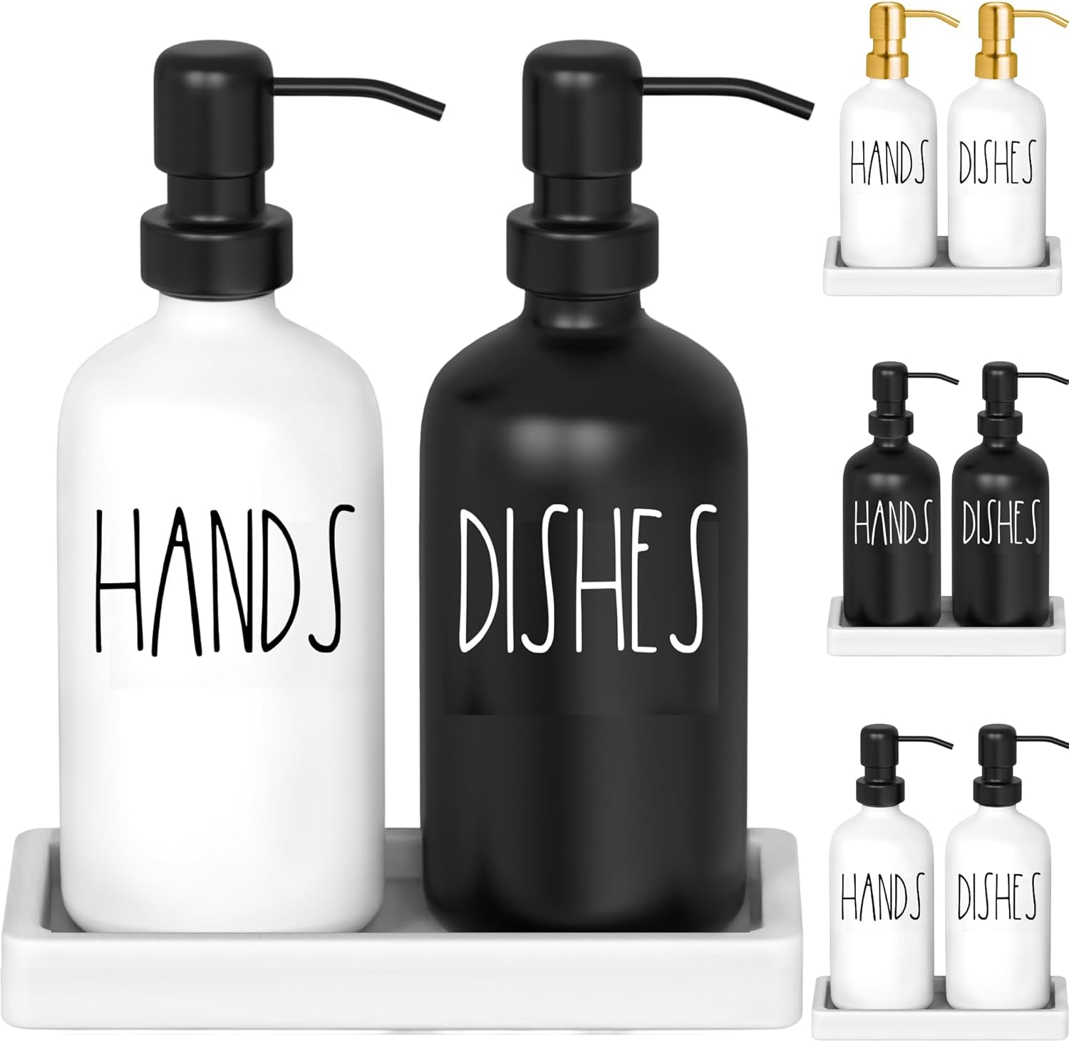 Luxurious Glass Kitchen Soap Dispenser Set with Tray by Brighter Barns - Hand and Dish Soap Dispenser for Kitchen Sink - Farmhouse Soap Dispenser - Modern Farmhouse Kitchen Decor (Black/White)