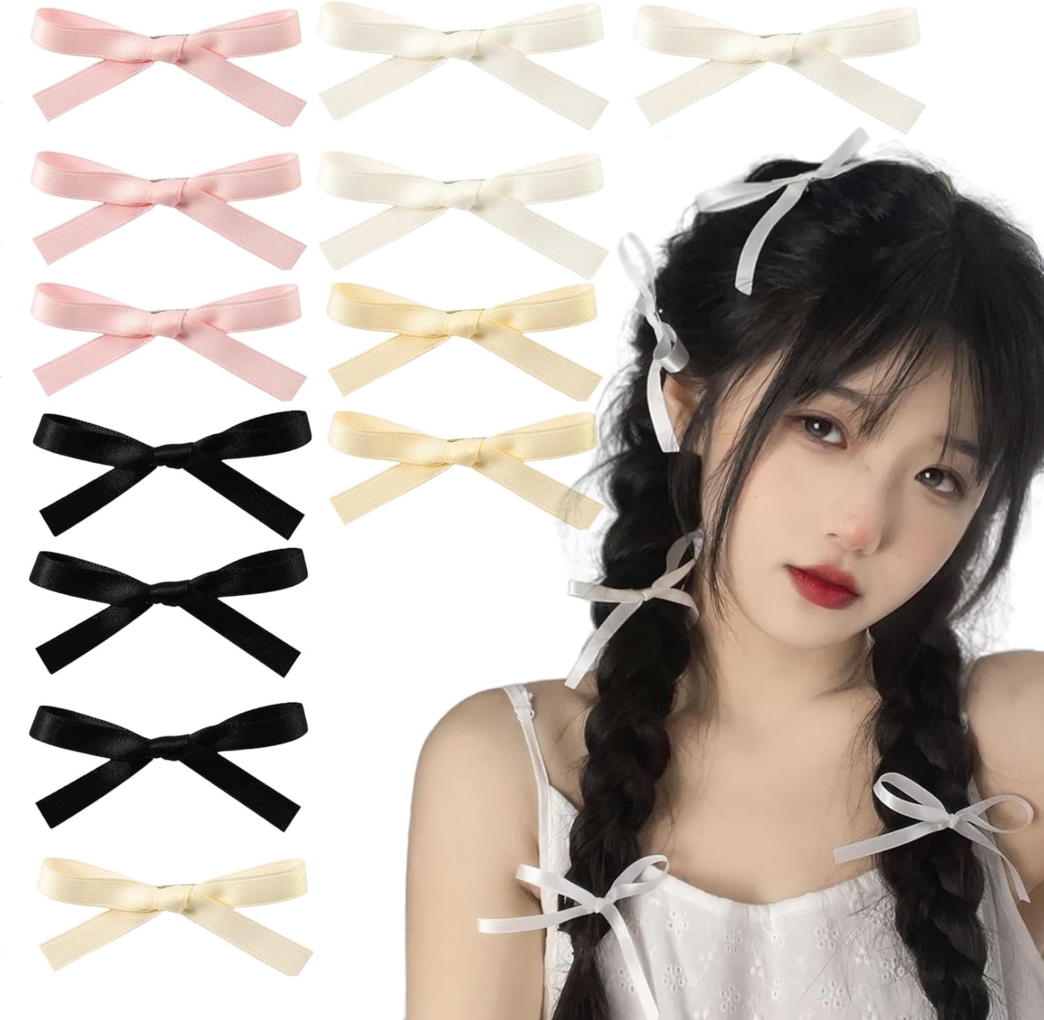 12 Pcs Bow Hair Clips - Hair Slides for Women & Girls, Black & Colorful Alligator Bows for Teens & Kids