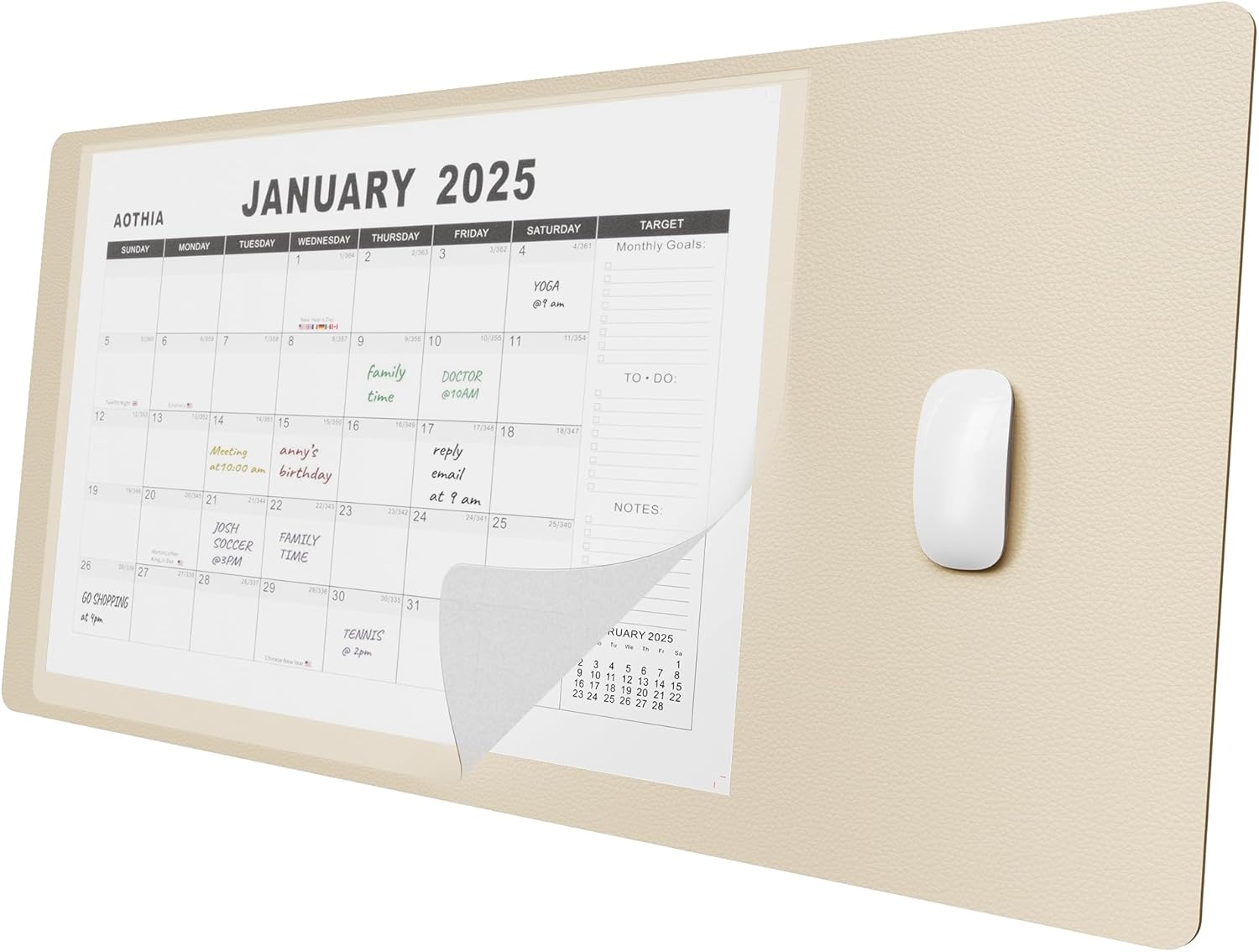 Aothia Desk Pad Protector with 18-Month Calendar 2025-2026, 80 x 40 cm Large Mouse Mat,Non-Slip Desk Mat Desk Protector Mat,Waterproof PU Leather Desk Writing Pad for Office & Home,Beige