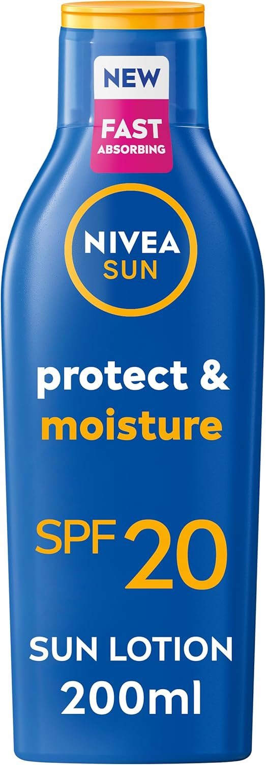NIVEA SUN Protect & Moisture Sun Lotion SPF 20 (200 ml), Suncream with Vitamin C and Hyaluron, Provides 48 Hour Moisture and Immediate UVA/UVB Protection, Fast-Absorbing, No White Cast Formula