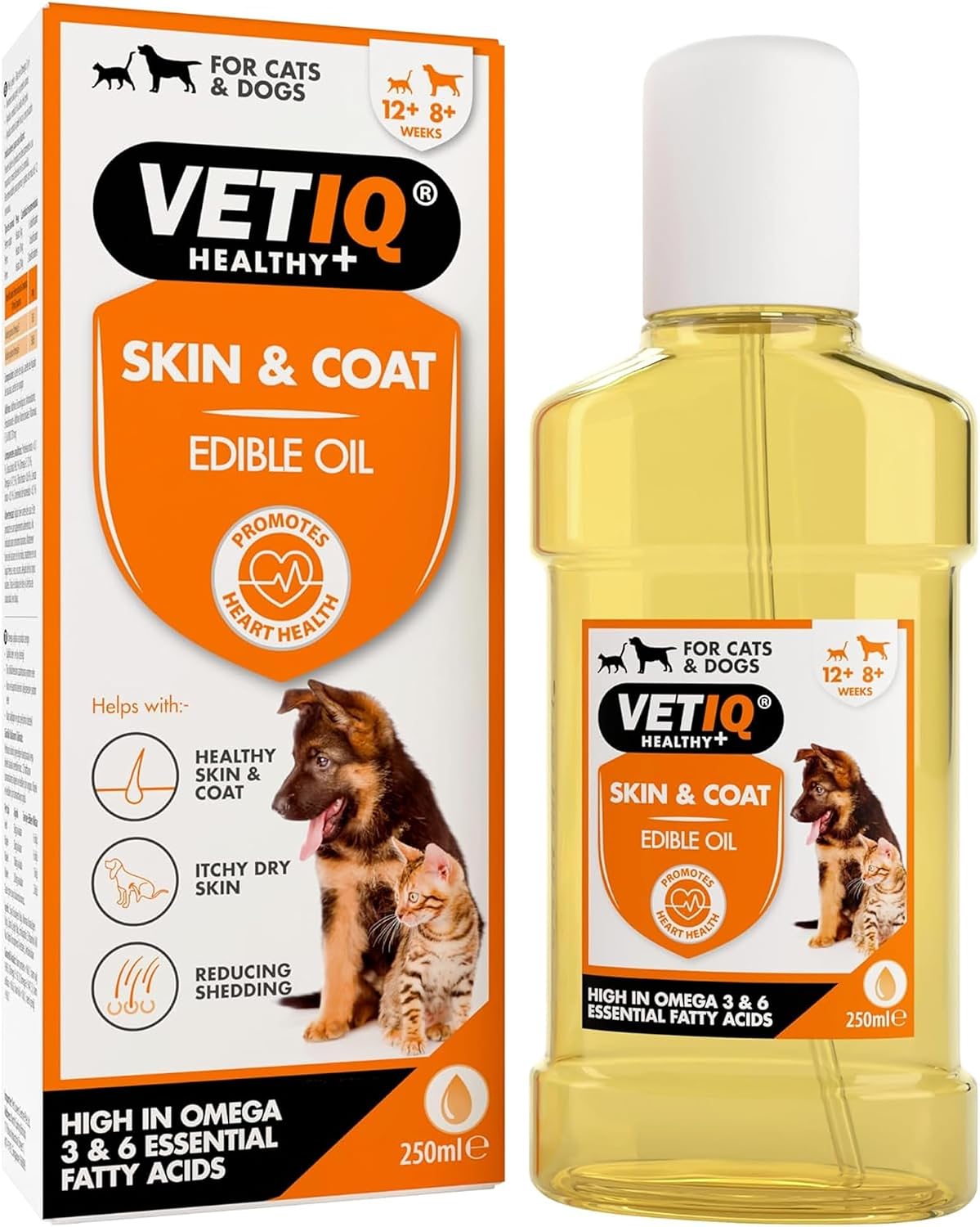VETIQ Skin & Coat Cat & Dog Edible Grooming Oil Soothes Itching (250ml) | Edible Oil with Omega 3 & 6 for a Glossy Coat. Vitamin E Soothes Dry Skin & Reduces Shedding