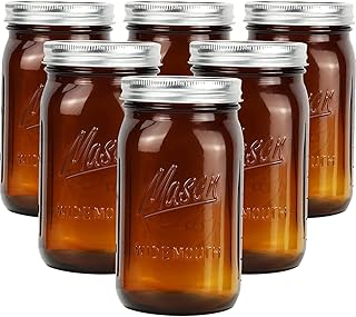 Amber Glass Mason Jars 32 oz Wide Mouth with Airtight Lids and Bands 6 Pack, Amber Clear Glass Canning Mason Jars, Quart Mason Jars (Set of 6) (Wide Mouth)