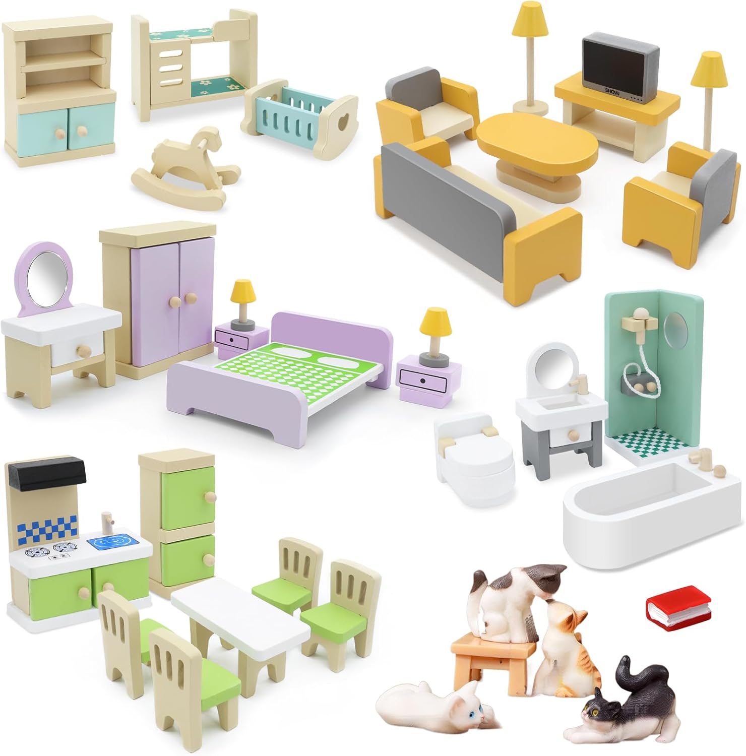 33Pcs Wooden Dollhouse Furniture Set, Pretend Play Doll House Miniature Accessories with 5 Room Kit Including Kitchen Living Room Children's Room Bedroom and Bathroom Playhouse Toy for Kids Boys Girls
