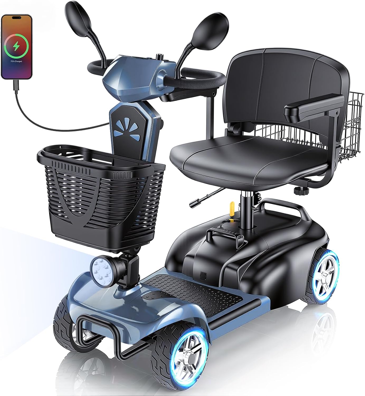 15/25/30/50Miles Eldryvon 4 Wheels Electric Mobility Scooter for Seniors, Dual Basket, 350W Powered Wheelchair with Rotating Seat, Mirrors, Foldable Motorized Scooter for Adults (Grey, 15Miles)
