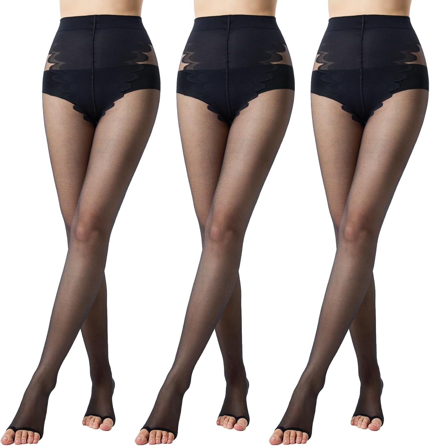 3 Pairs Toeless Pantyhose For Women 20D Sheer Tights Open Toe Stockings with Control Top