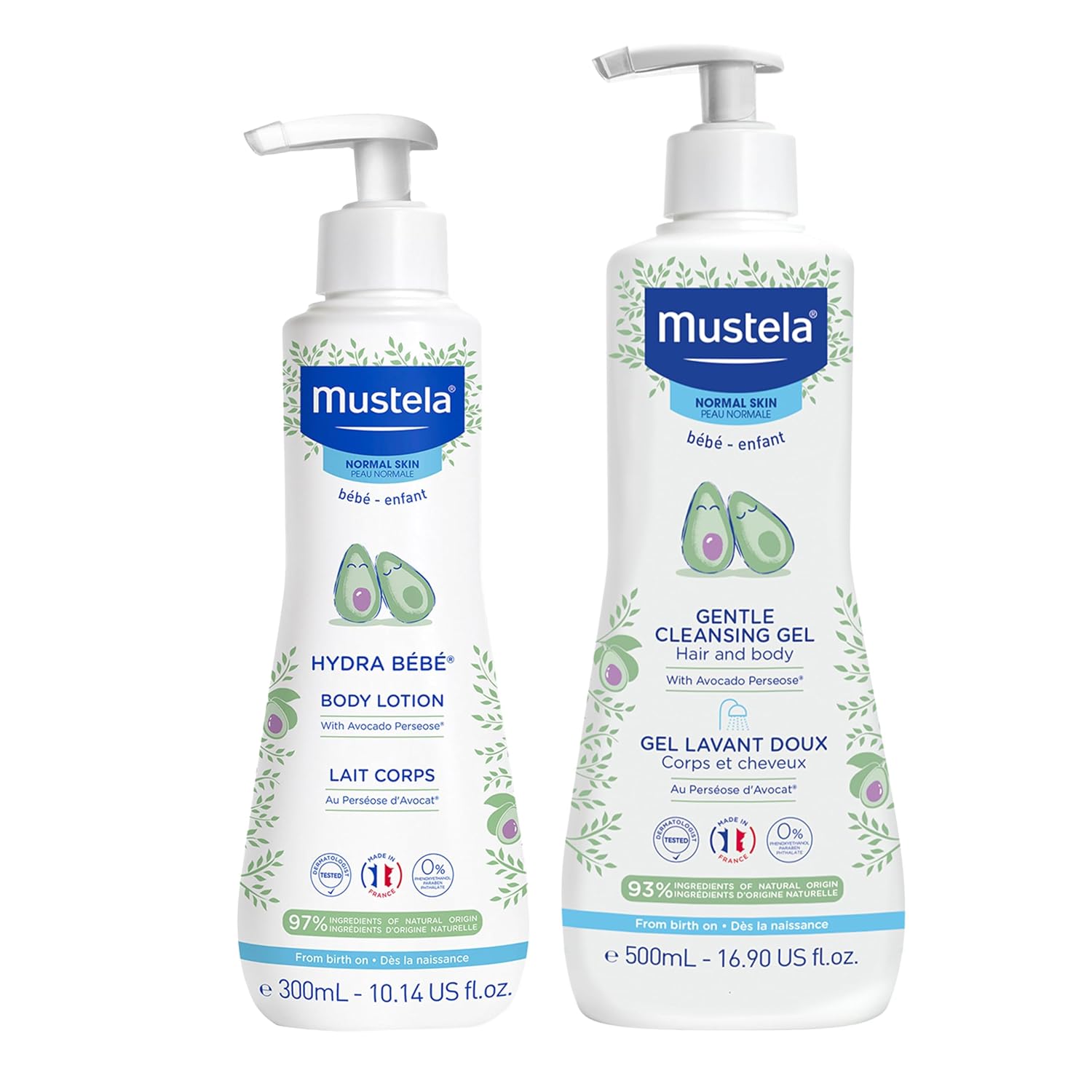 Mustela Baby Bath Time Gift Set - Baby Skin Care Essentials with Natural Avocado - Contains Hydra Bebe Body Lotion 10.14 fl. oz. & Gentle Cleansing Gel 16.9 fl. oz. - 2 Items Set