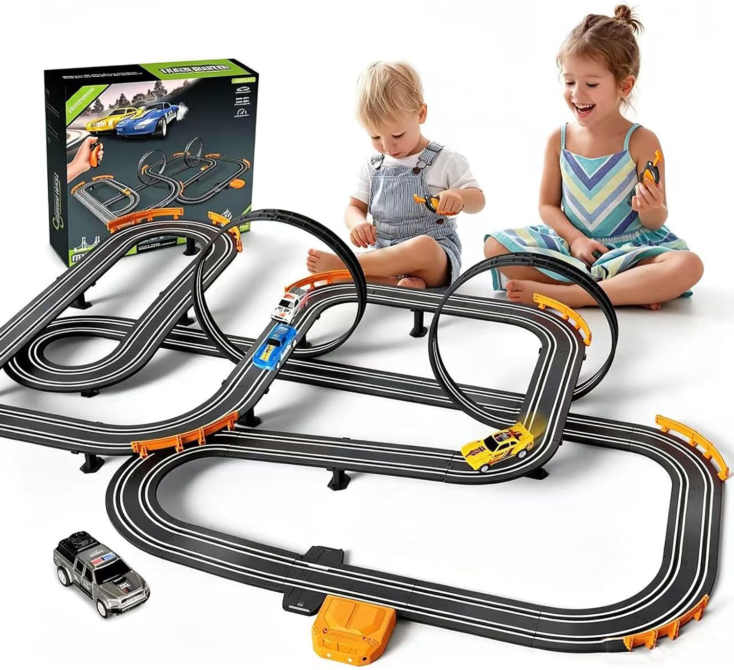 Slot Car Race Track Set Electric or Battery Powered Racing Car Track for Kids Boys, with 4 High-Speed Cars and 2 Hand Controllers,Dual Racing Game Toys for Children Age 6 7 8 Years Old