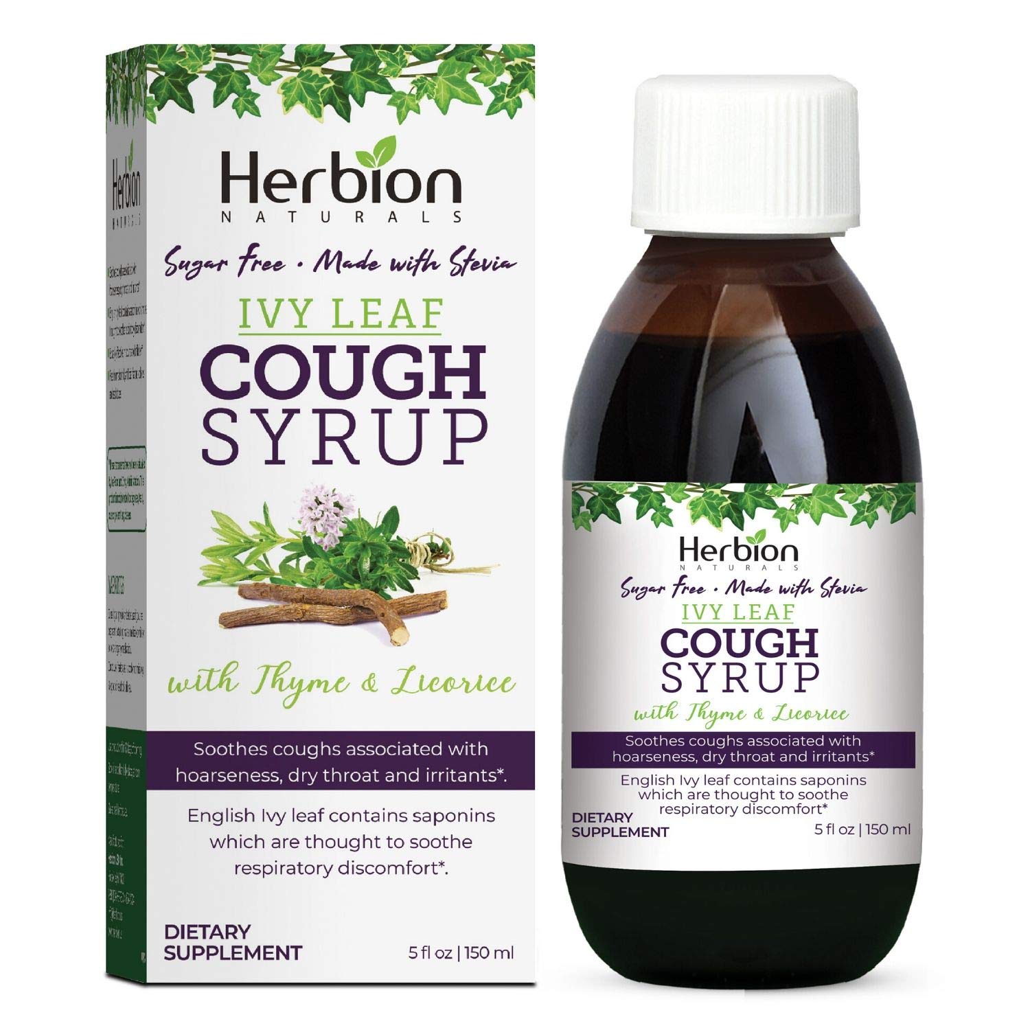 Herbion Naturals Ivy Leaf Cough Syrup with Thyme and Licorice, 5 FL Oz - Soothes Throat and Relieves Respiratory Discomfort - For Adults, Kids 13 Months and Above, Alcohol Free, Sugar Free with Stevia