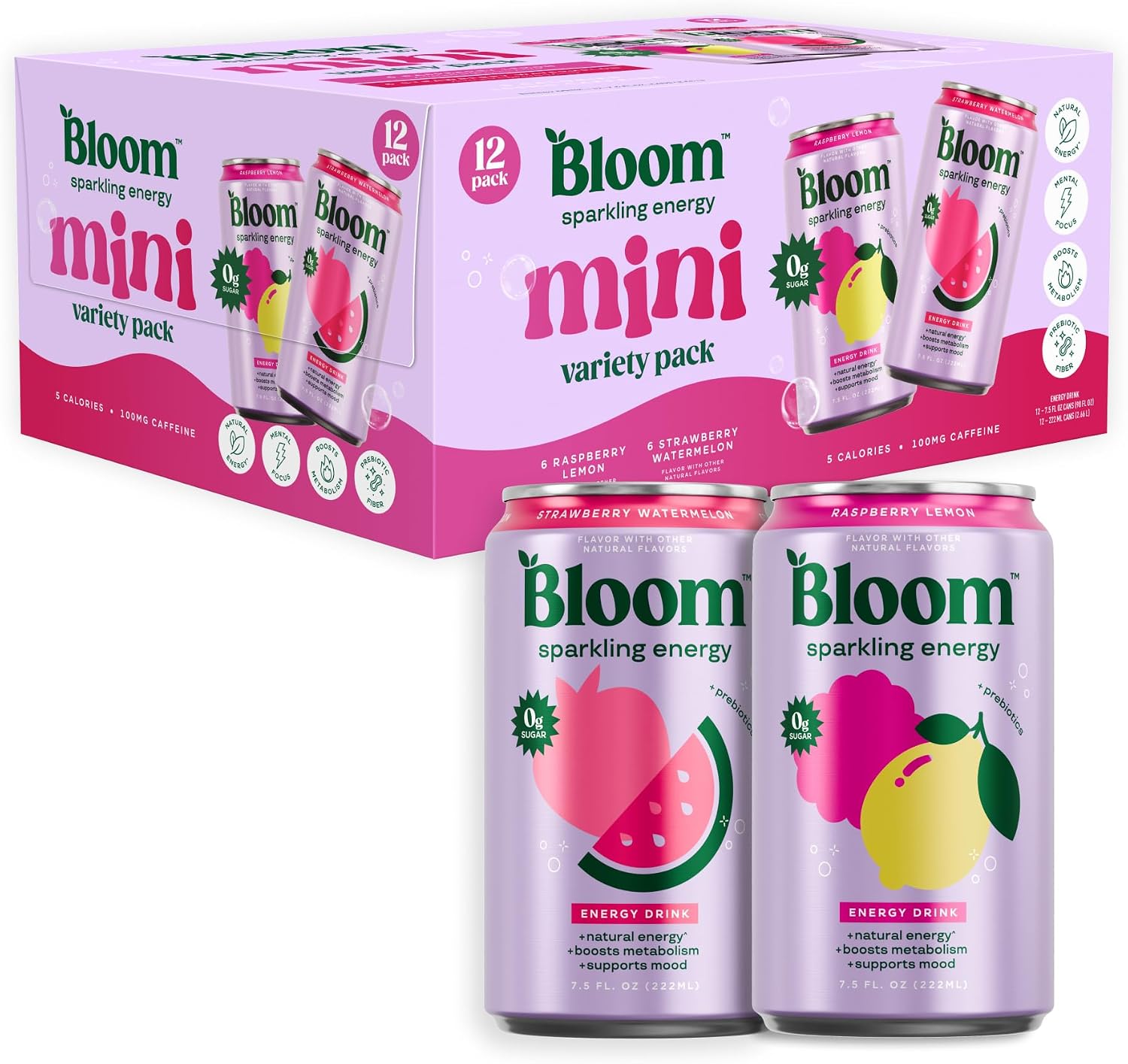 Bloom Nutrition Sparkling Energy Drink Minis, Raspberry Lemon & Strawberry Watermelon, 7.5oz 12 Pack | Energy drink minis with 180mg natural caffeine, prebiotics, green tea extract & lychee for energy and focus.