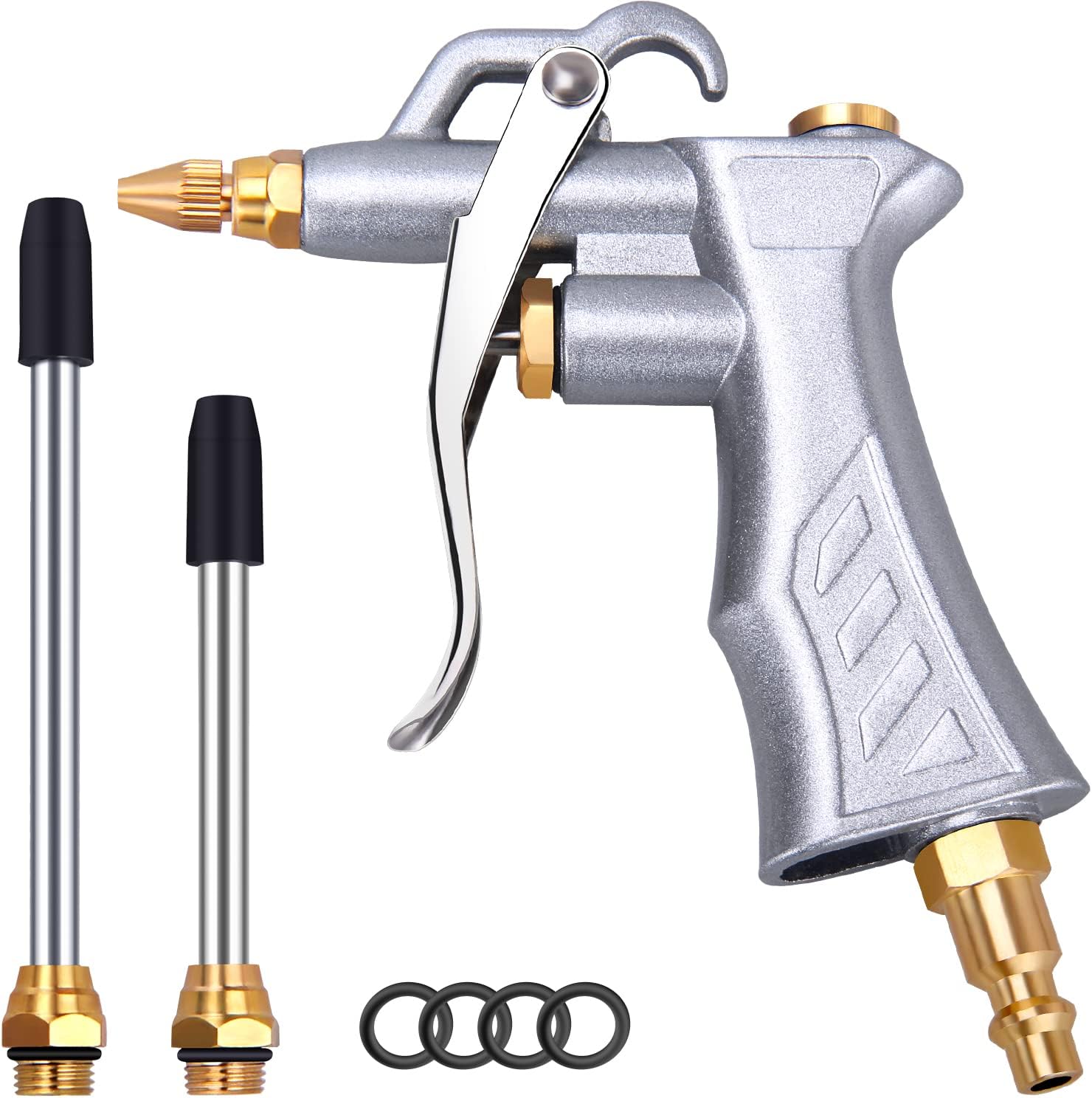 JASTIND Industrial Air Blow Gun with Brass Adjustable Air Flow Nozzle and 2 Steel Extension, Pneumatic Air Compressor Accessory Tool Dust Cleaning and Blower Gun
