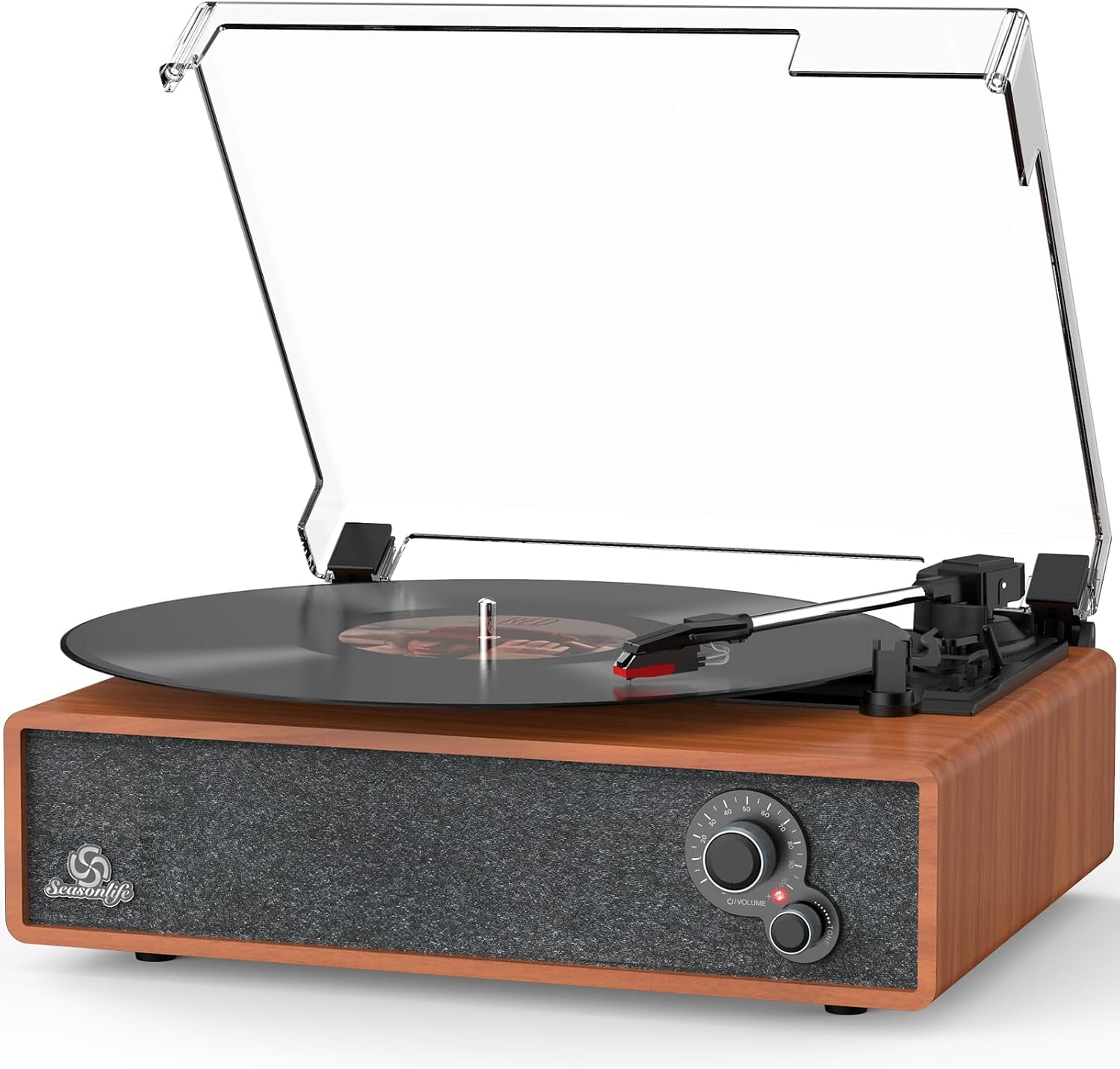 Seasonlife® Retro Vinyl Record Player with Stereo Speakers,Walnut Red