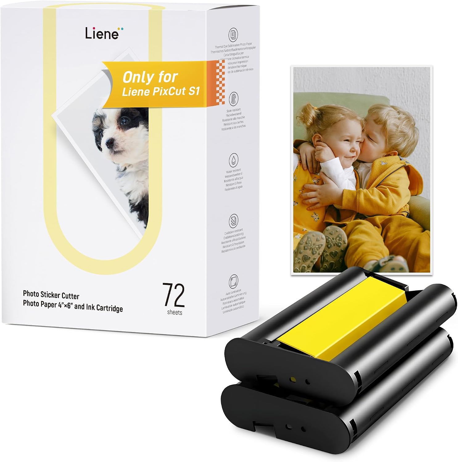 Liene Photo Paper & Cartridge, 2 Ink Cartridge Refill & 72 sheets photo papers, 4x6", Dye Sublimation, Water & Oxidation-Proof, Only for Liene PixCut S1