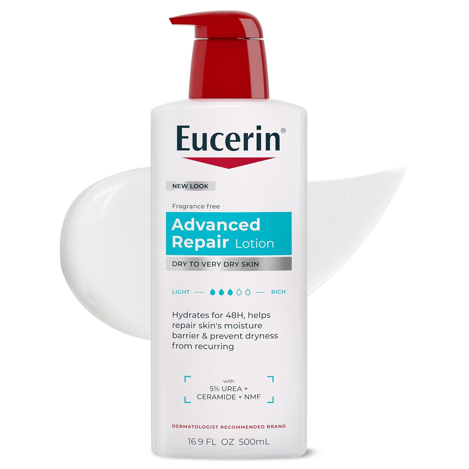 Eucerin Advanced Repair Lotion, Urea Enriched, Unscented Body Lotion for Dry Skin With Triple Moisturizing Complex, 16.9 FL OZ Bottle