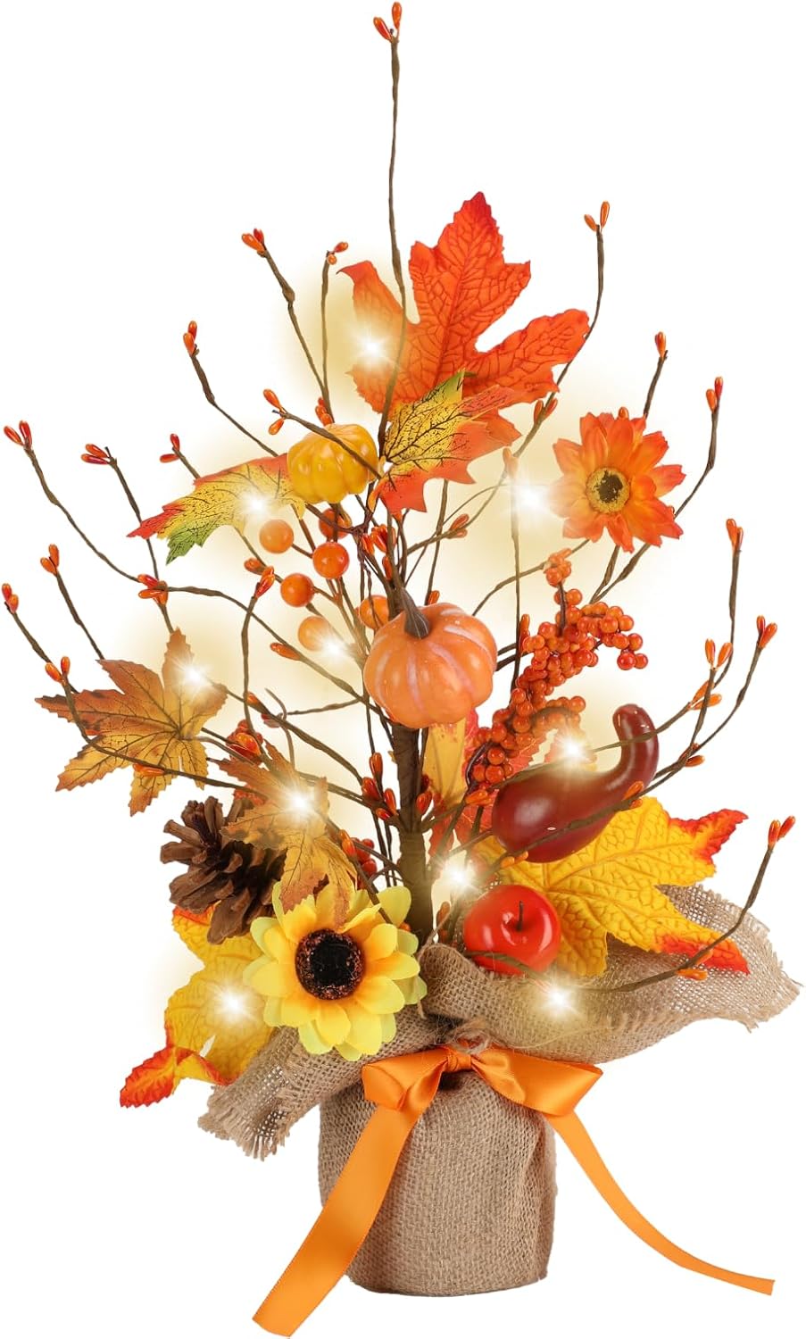 18 Inch Fall Table Tree, LED Lighted Fall Tree with Sunflowers Maple Leaf Pumpkin,Artificial Fall Tree for Autumn Harvest Thanksgiving Home Decor