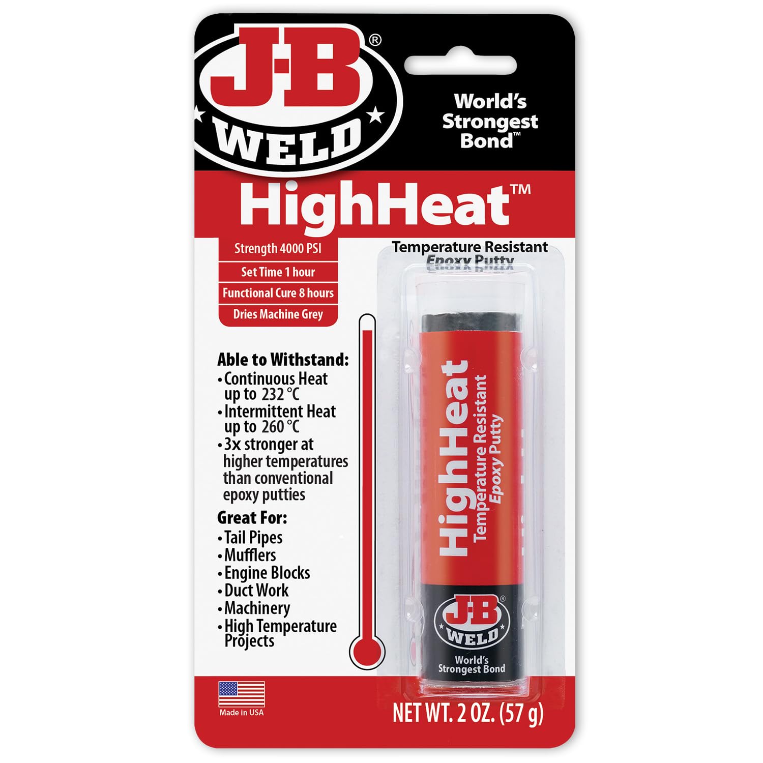 J-B Weld 8297 HighHeat Temperature Resistant Epoxy Putty Stick, Machine Gray, 2oz