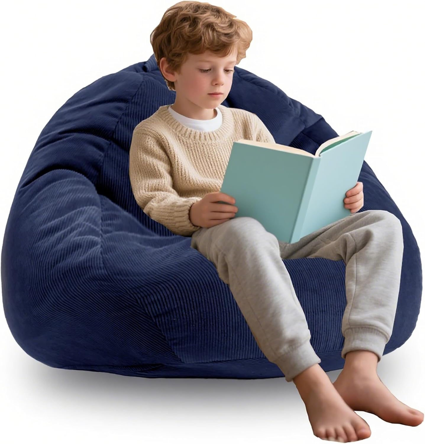 Memory Foam Bean Bag Chairs for Teens or Kids with Filling Bean Bag Sofa with Handle Super Soft Washable Corduroy Fabric Lazy Sofa 3 Foot Navy Blue