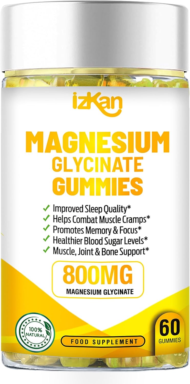 Izkan- Magnesium Glycinate Gummies 1600mg - Sugar-Free Magnesium Supplement with Calcium, Potassium Vitamin D, B6 & CoQ10 for Calm Mood & Muscle, Sleep Support 60 Gummies (1X)