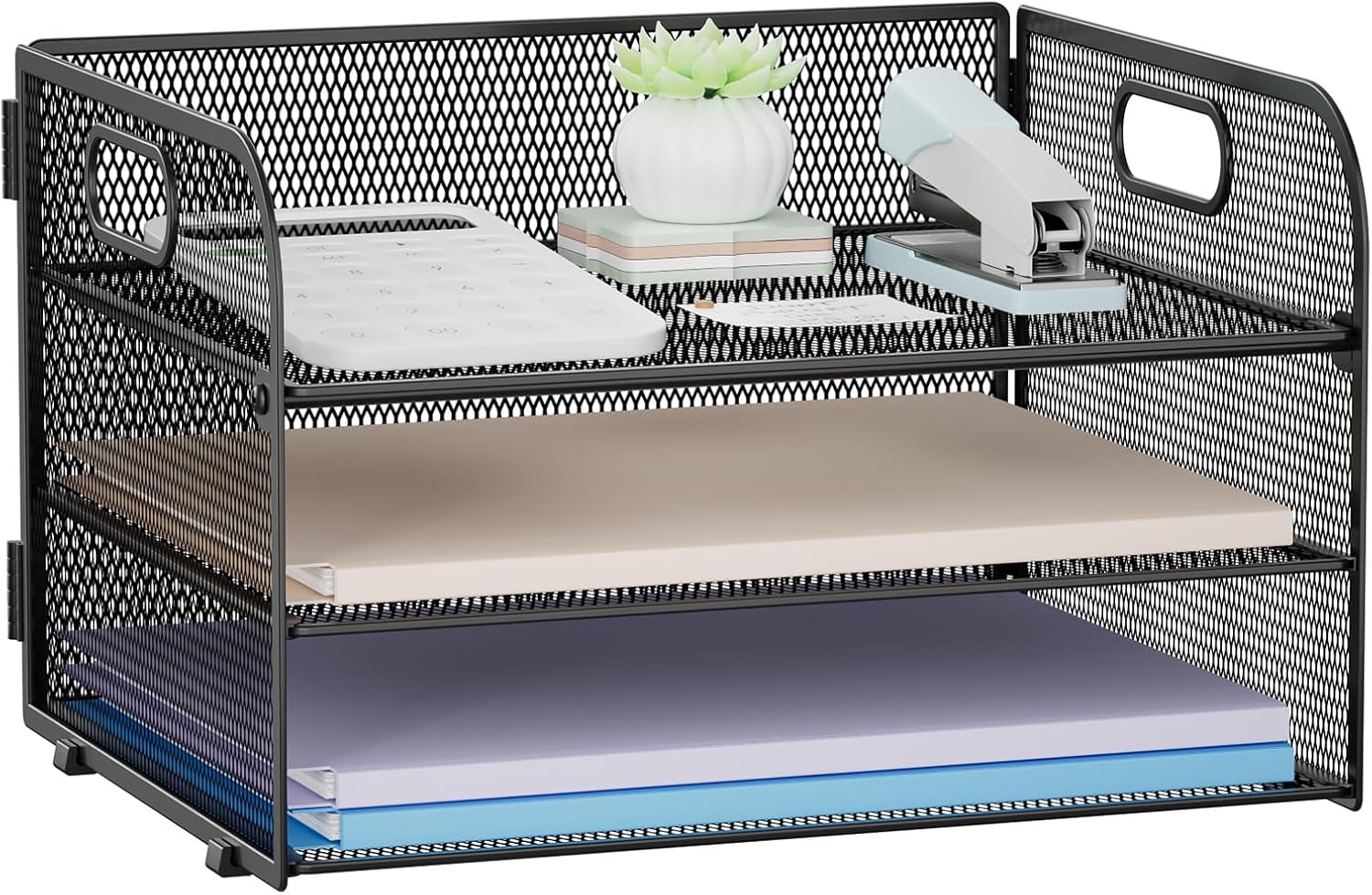 Restorgan 3 Tier Paper Organiser with Handle, Mesh Desk Organiser Letter Tray, Paper Tray Organizer for A4 File Folder, Black